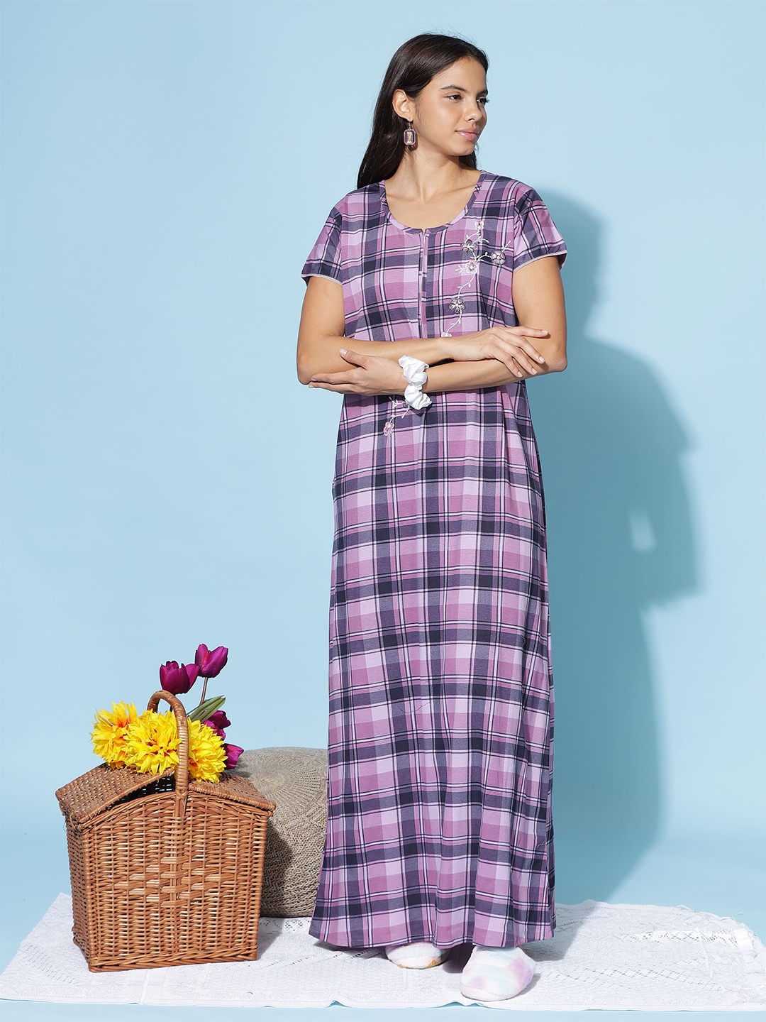 

9shines Label Checked Pure Cotton Maxi Nightdress, Purple