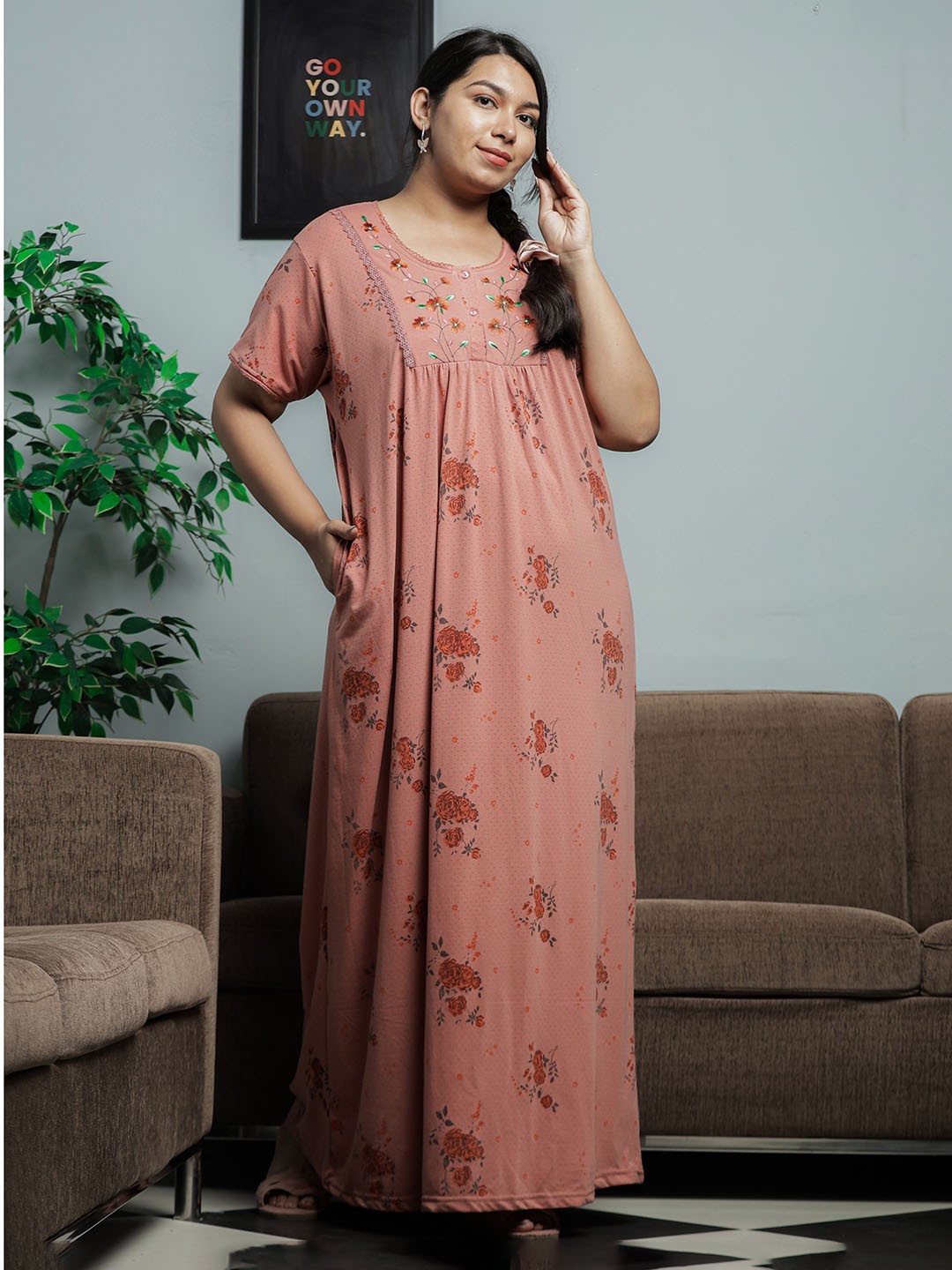 

9shines Label Floral Printed Round Neck Maxi Nightdress, Coral