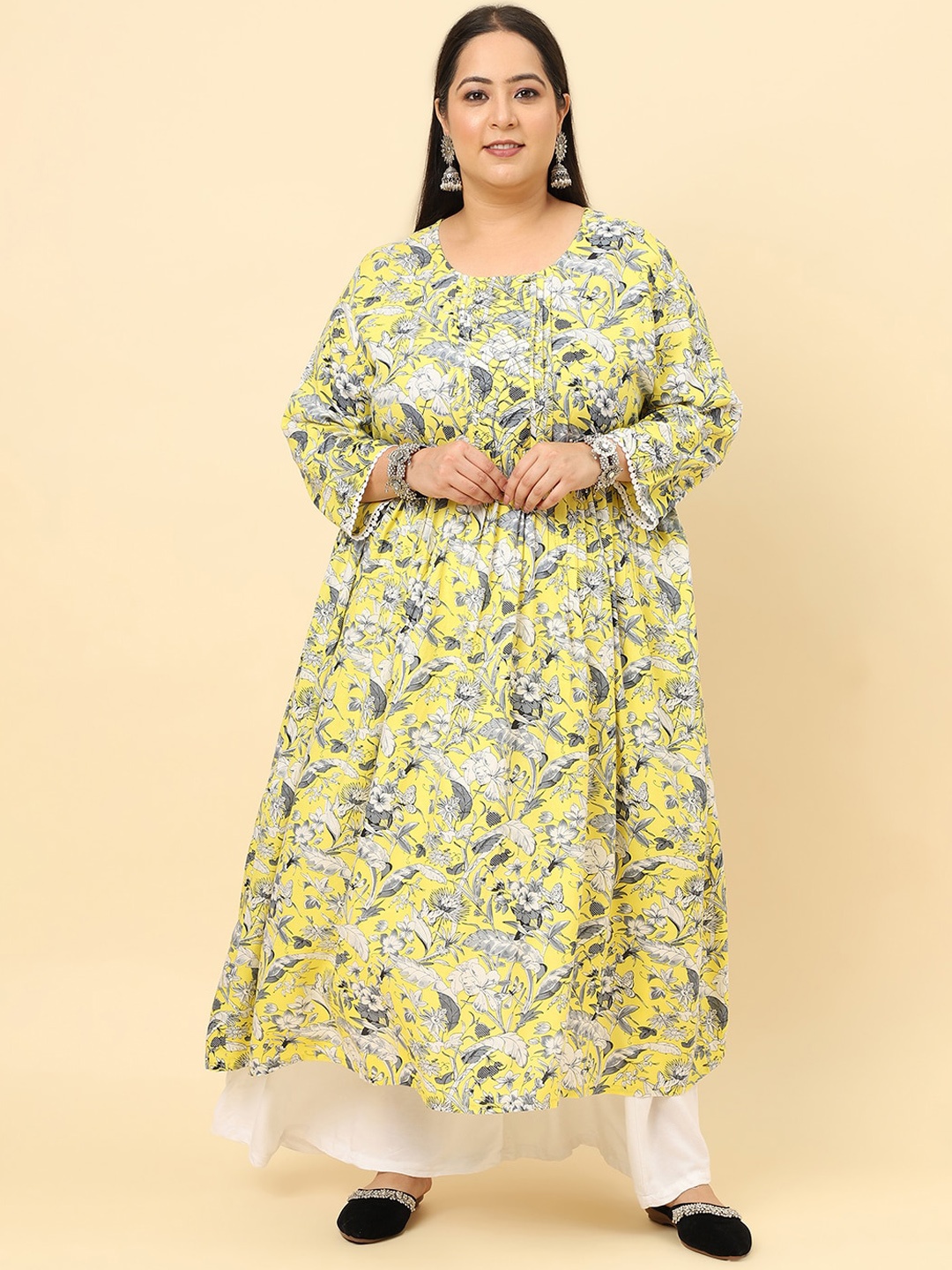 Sringam Plus Size Floral Printed Anarkali Kurta, Yellow