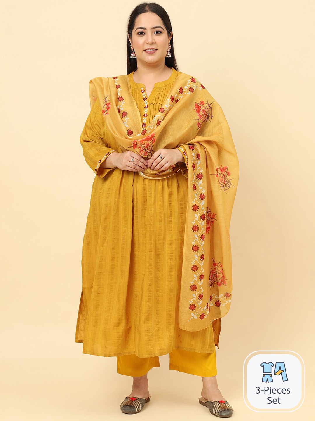 

Sringam Plus Size Striped High Slit Thread Work Kurta With Trousers & Dupatta, Yellow