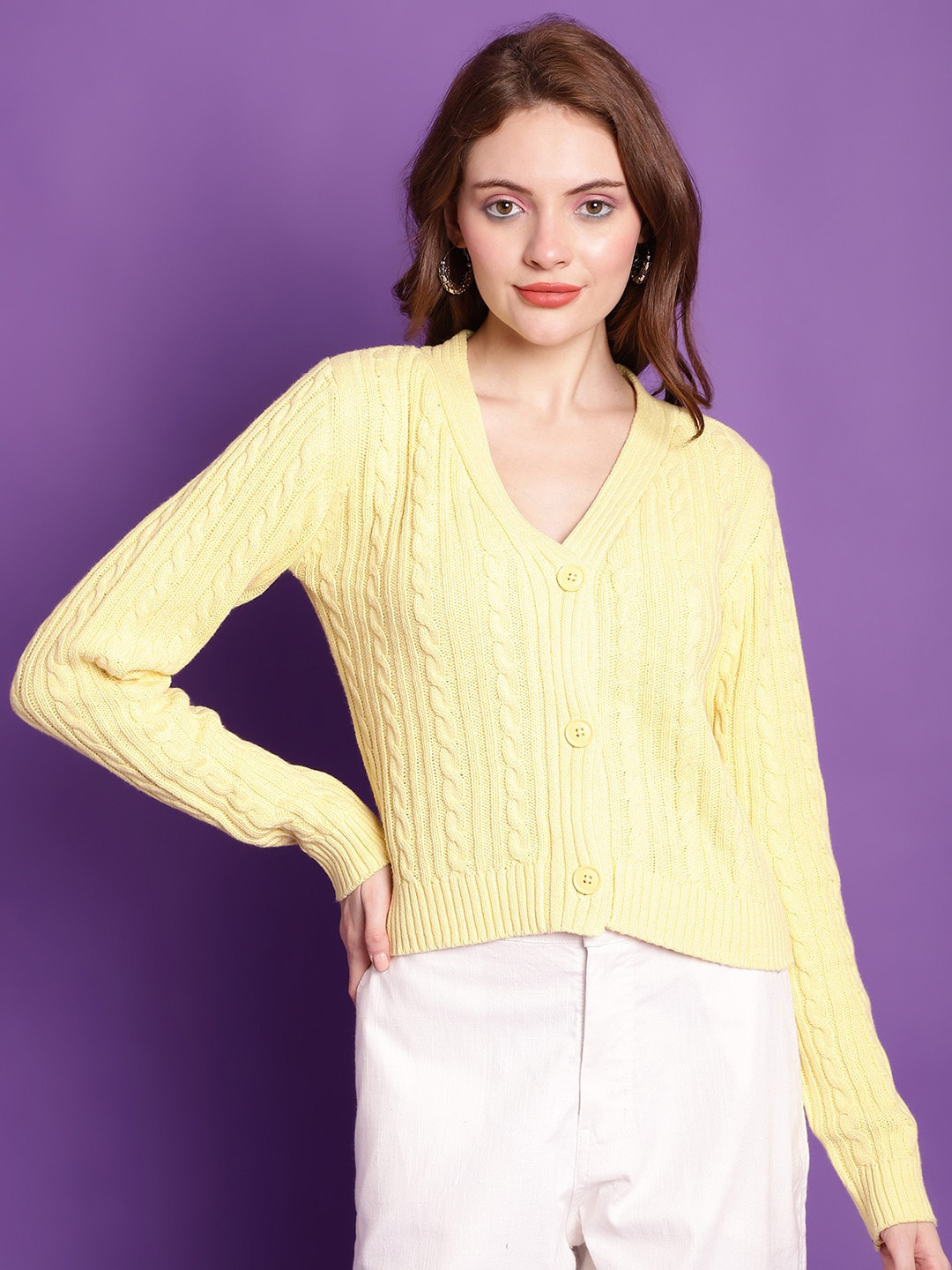 

TAG 7 Cable Knit Woollen Crop Cardigan, Yellow