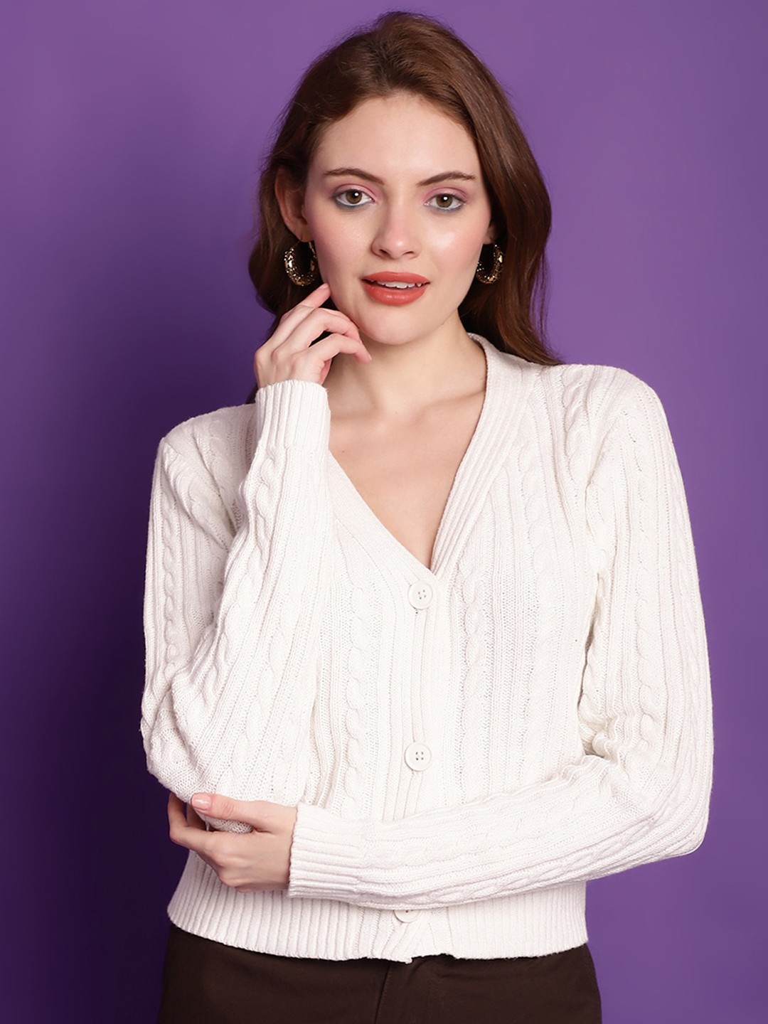 

TAG 7 Cable Knit Woollen Crop Cardigan, White