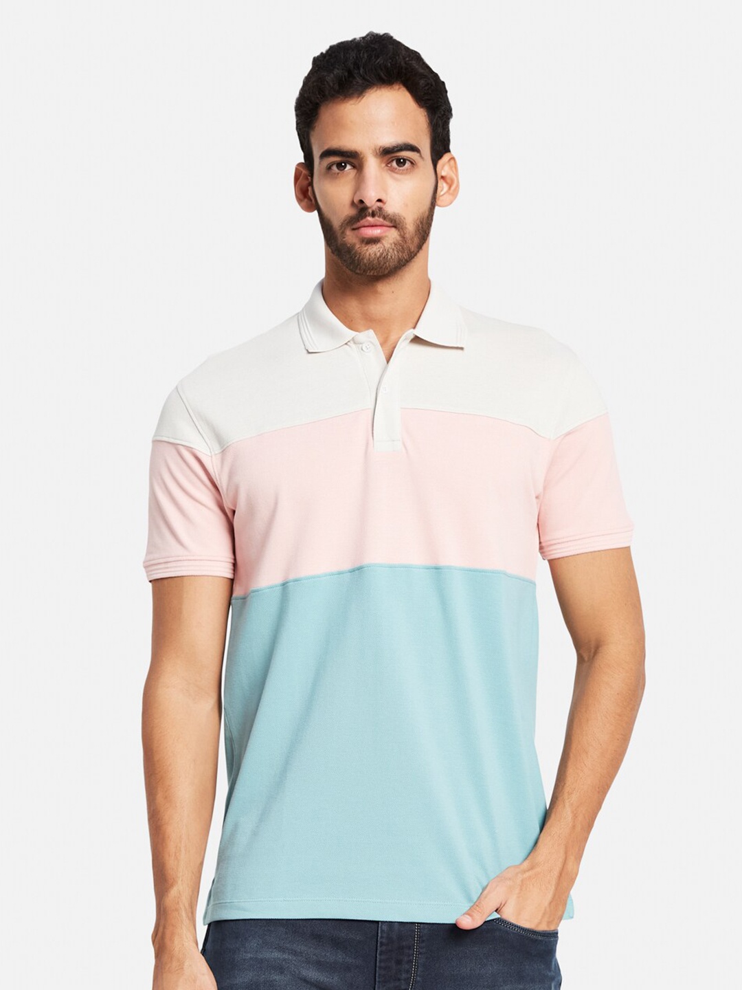 

Octave Colourblocked Polo Collar Cotton T-shirt, Pink