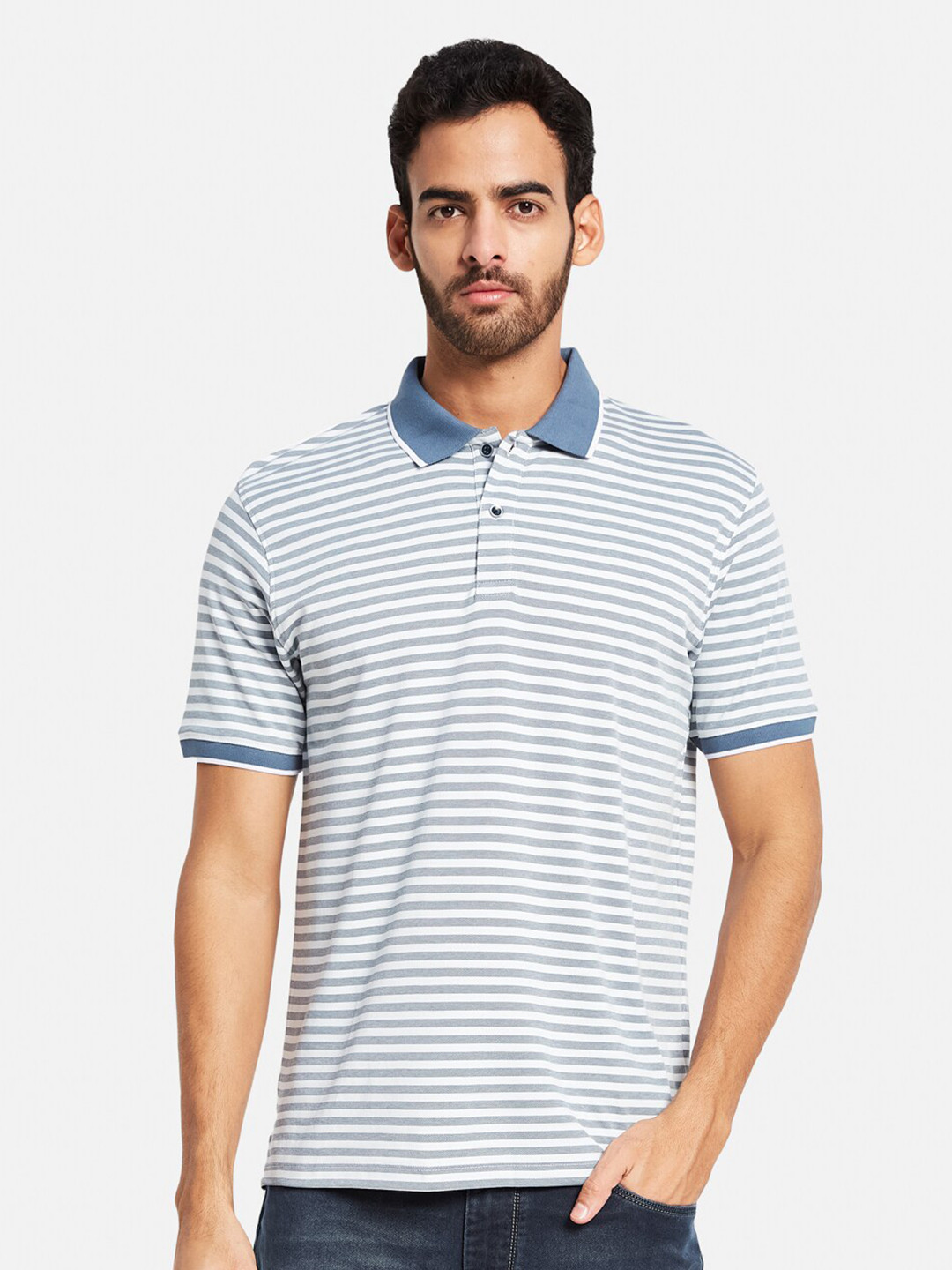 

Octave Striped Polo Collar Cotton T-shirt, Blue