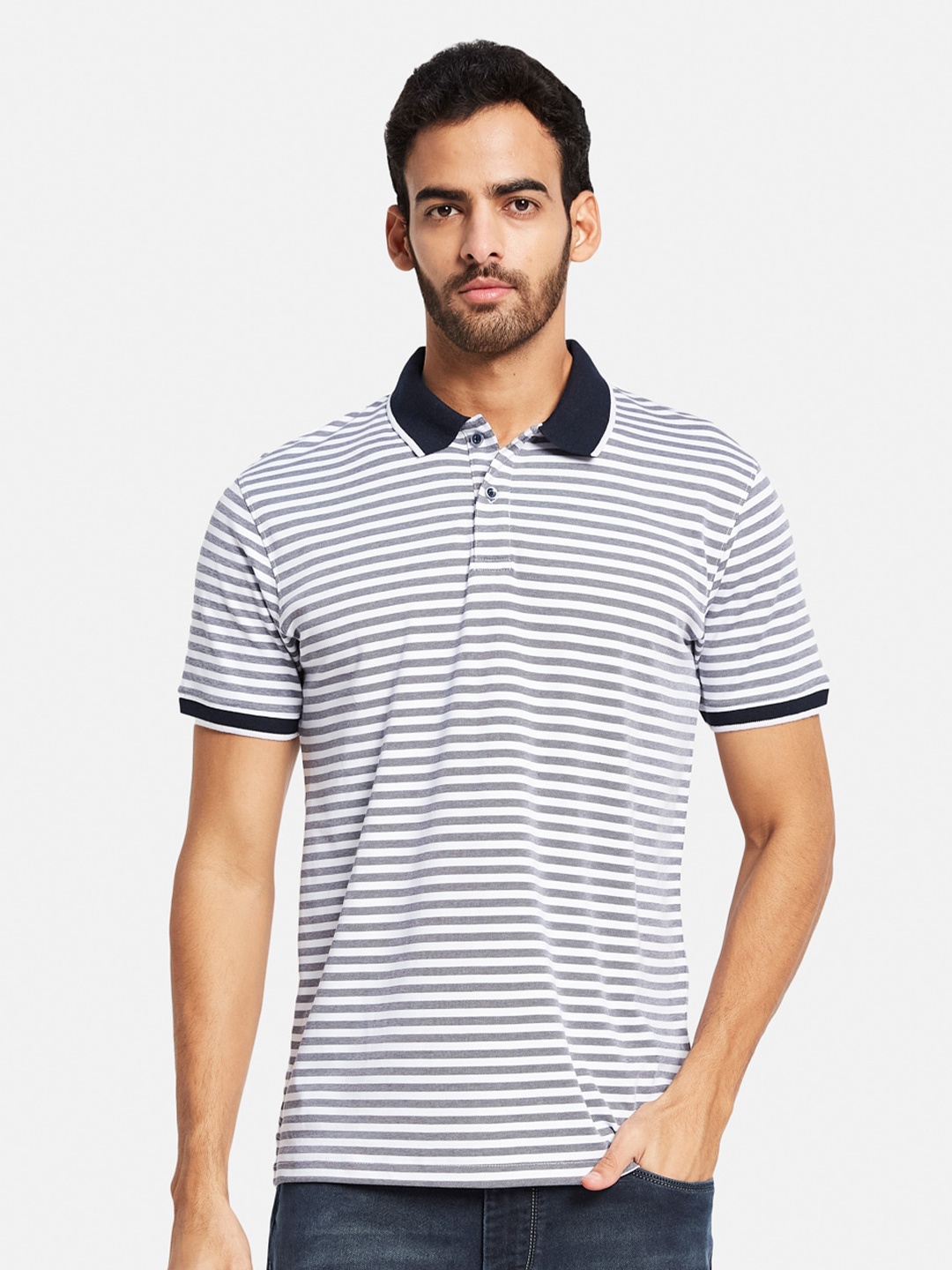 

Octave Striped Polo Collar Cotton T-shirt, Navy blue