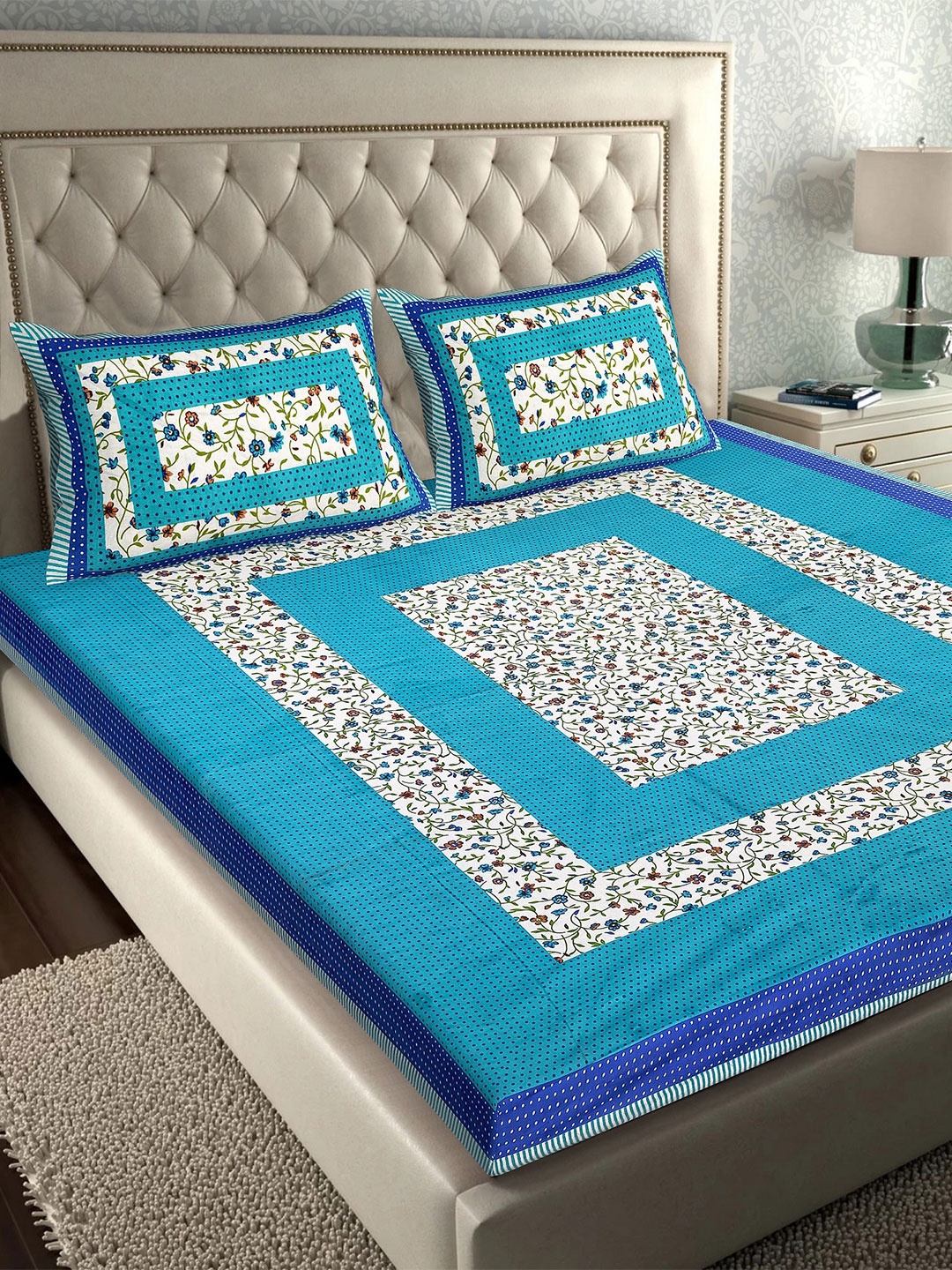 

Rajasthanikart Turquoise Blue & Green Floral 110 TC Queen Bedsheet with 2 Pillow Covers