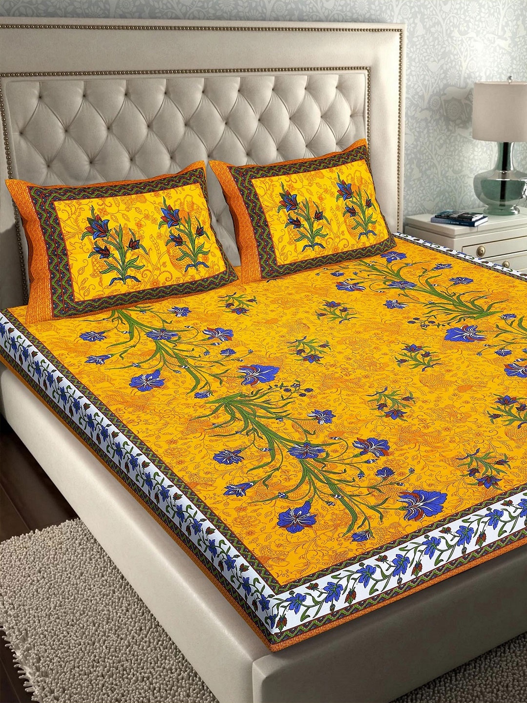 

Rajasthanikart Yellow & Brown Floral 110 TC Queen Bedsheet with 2 Pillow Covers