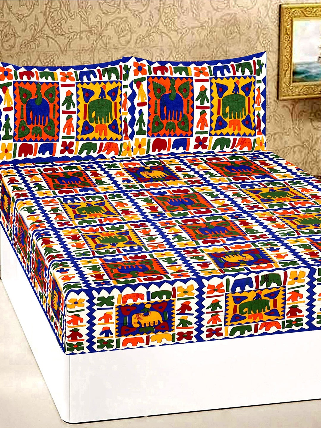 

Rajasthanikart Blue & Red Ethnic Motifs 110 TC Queen Bedsheet with 2 Pillow Covers