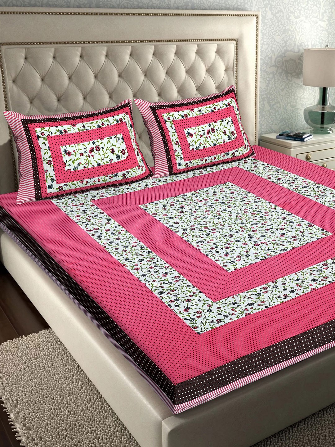 

Rajasthanikart Pink & White Floral 110 TC Queen Bedsheet with 2 Pillow Covers