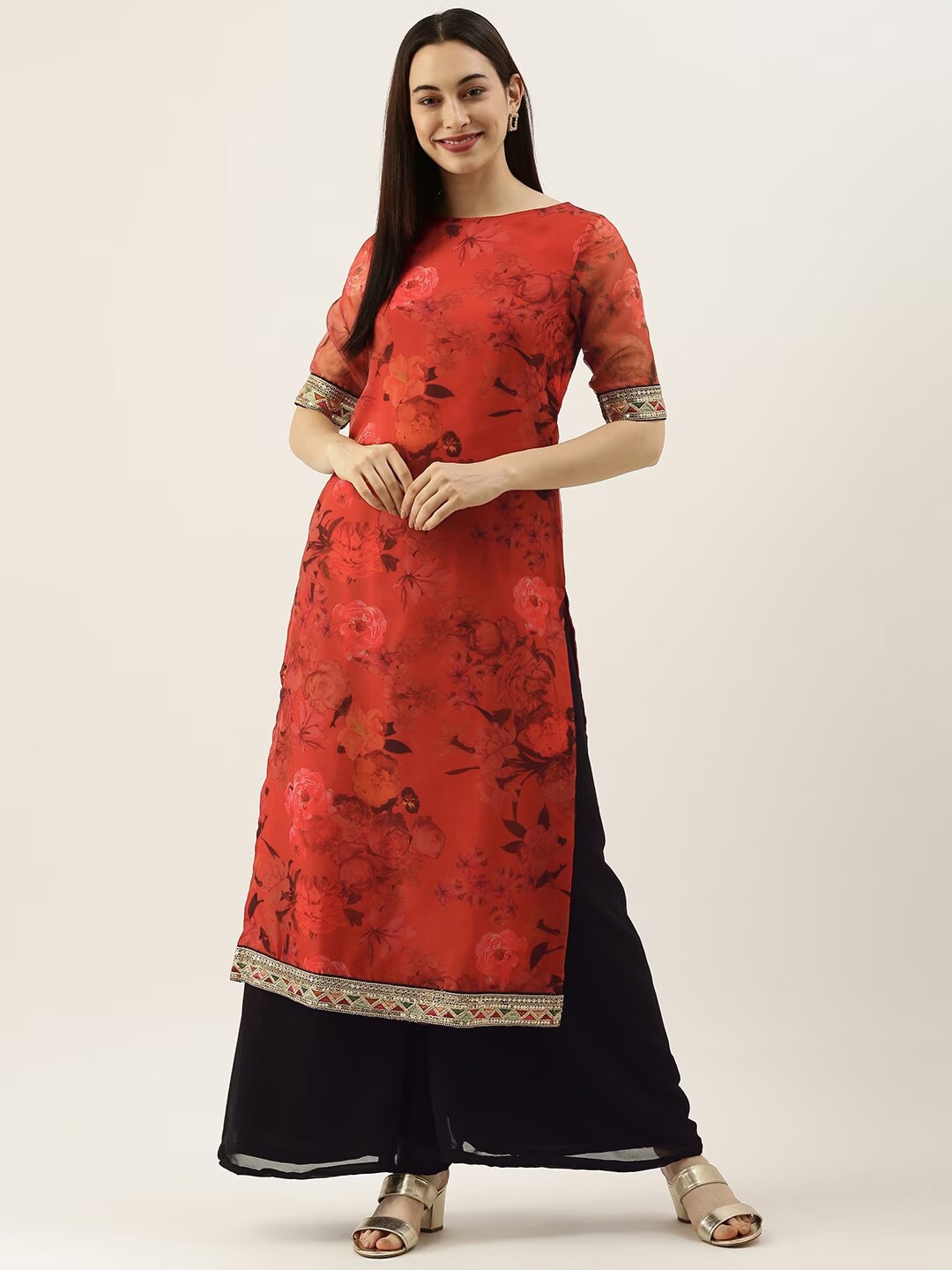 

Ethnovog Floral Printed Organza Straight Kurta, Red