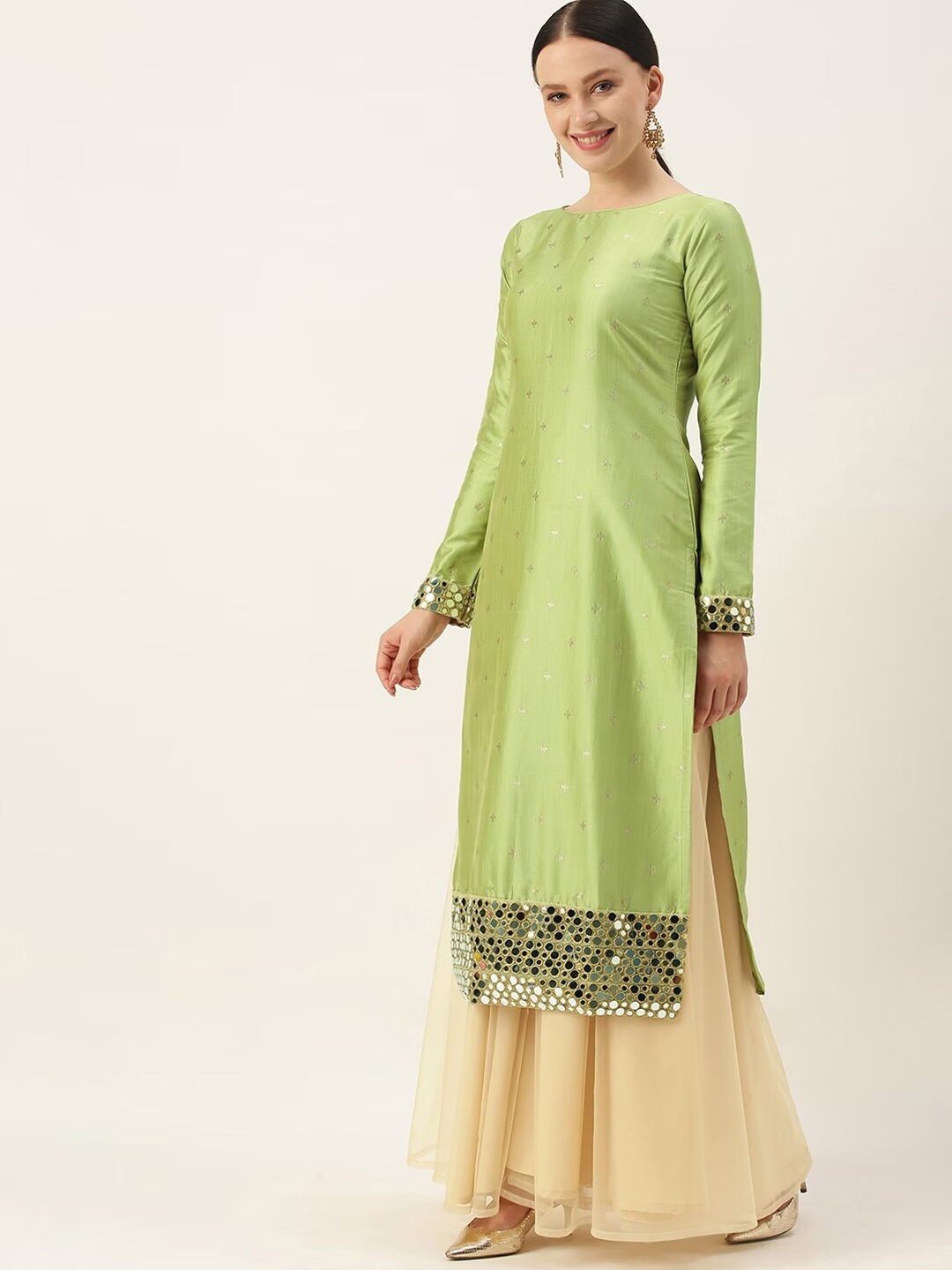 

Ethnovog Geometric Woven Design Mirror Work Detailed Straight Kurta, Green