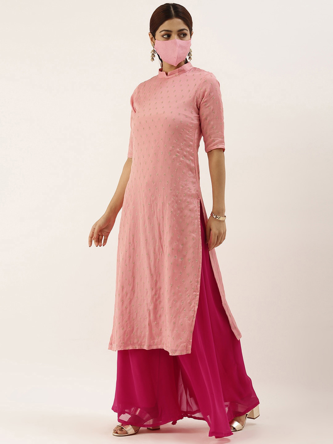 

Ethnovog Ethnic Motifs Embroiderd High Neck Silk Straight Kurta, Pink