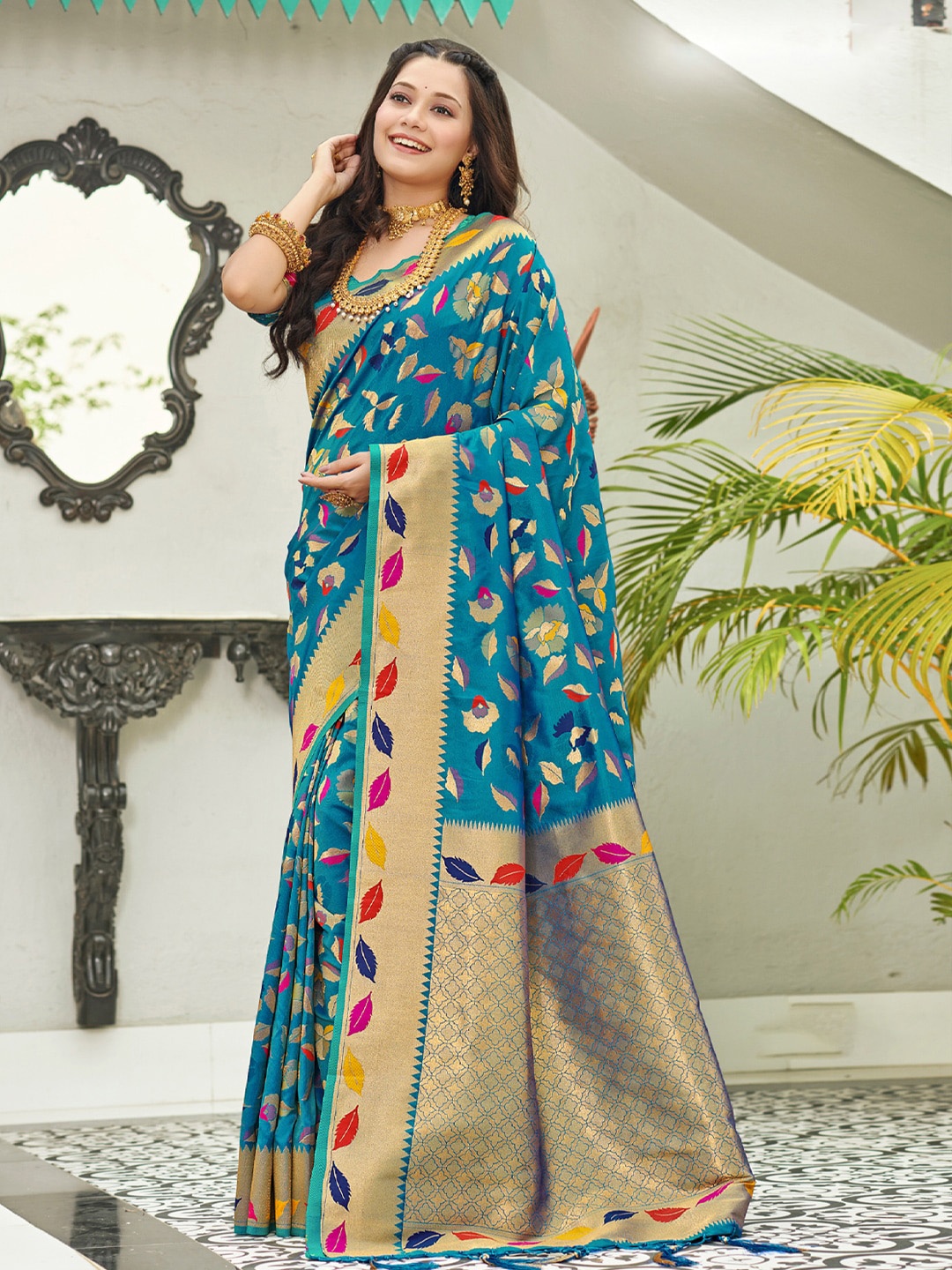 

Mitera Ethnic Motifs Woven Design Zari Detail Silk Blend Banarasi Saree, Blue