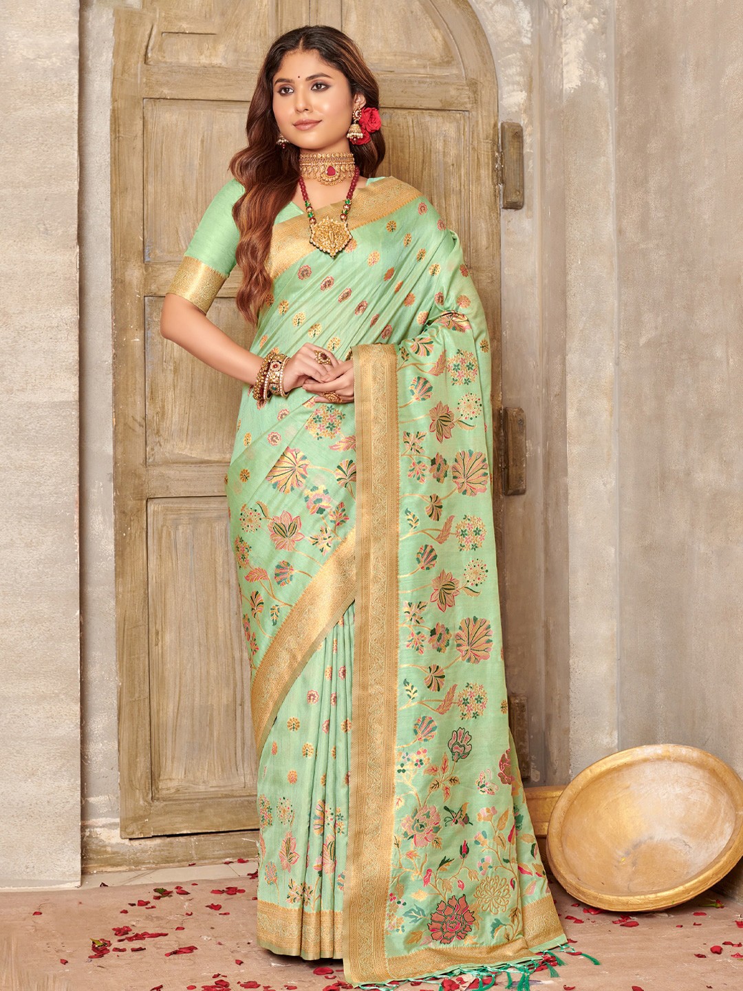 

Mitera Woven Design Zari Saree, Sea green