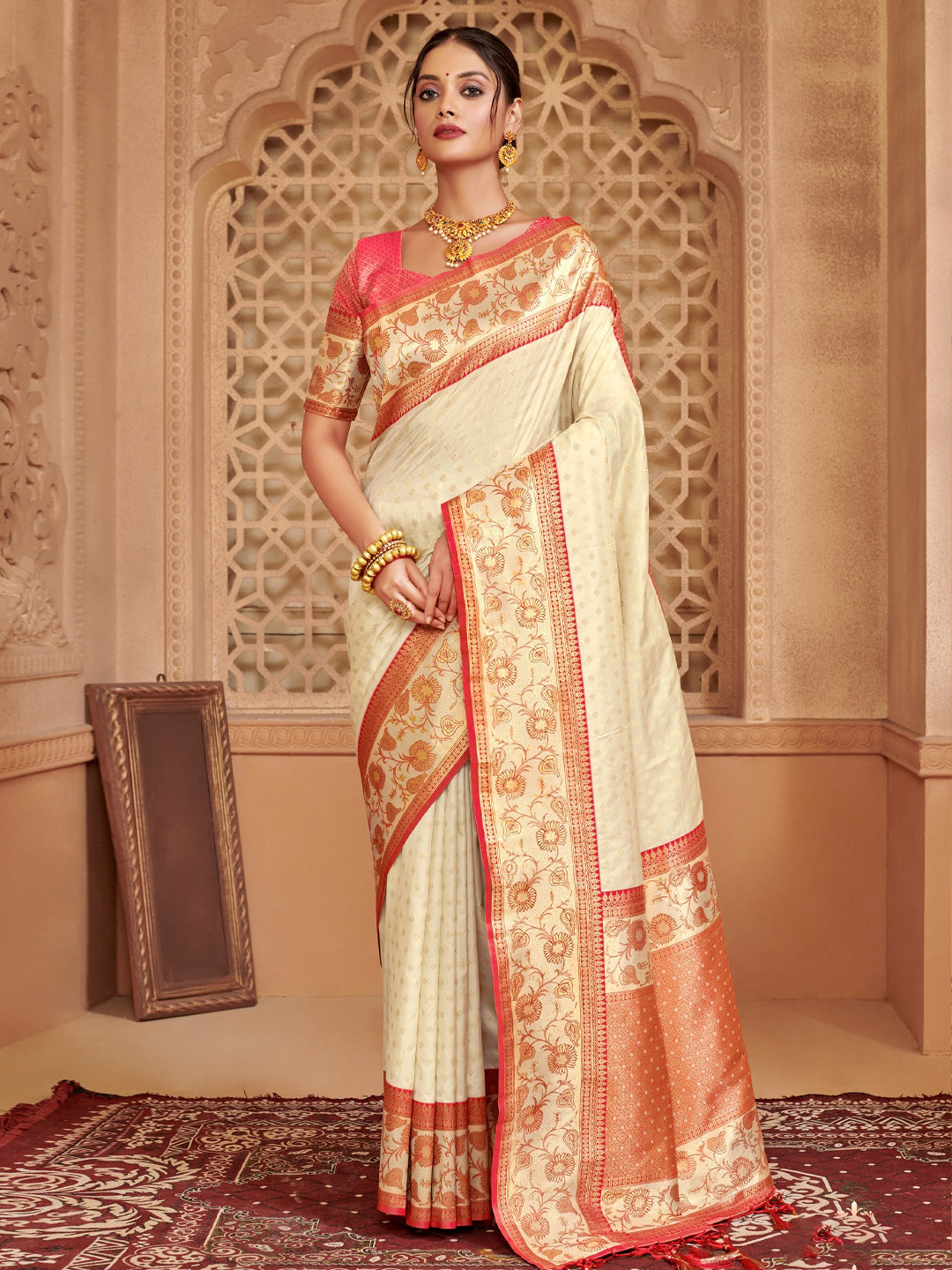 

Mitera White & Red Ethnic Motifs Woven Design Zari Saree