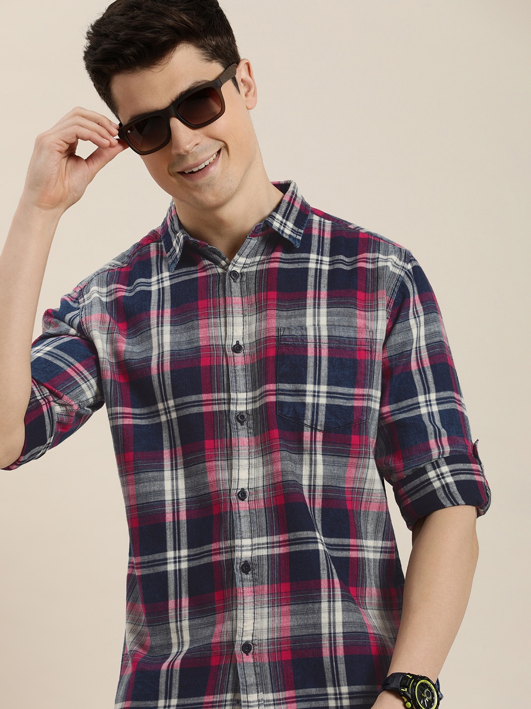 

HERE&NOW Pure Cotton Slim Fit Checked Casual Shirt, Navy blue