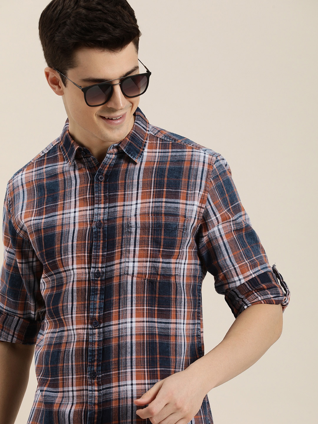 

HERE&NOW Pure Cotton Slim Fit Checked Casual Shirt, Navy blue