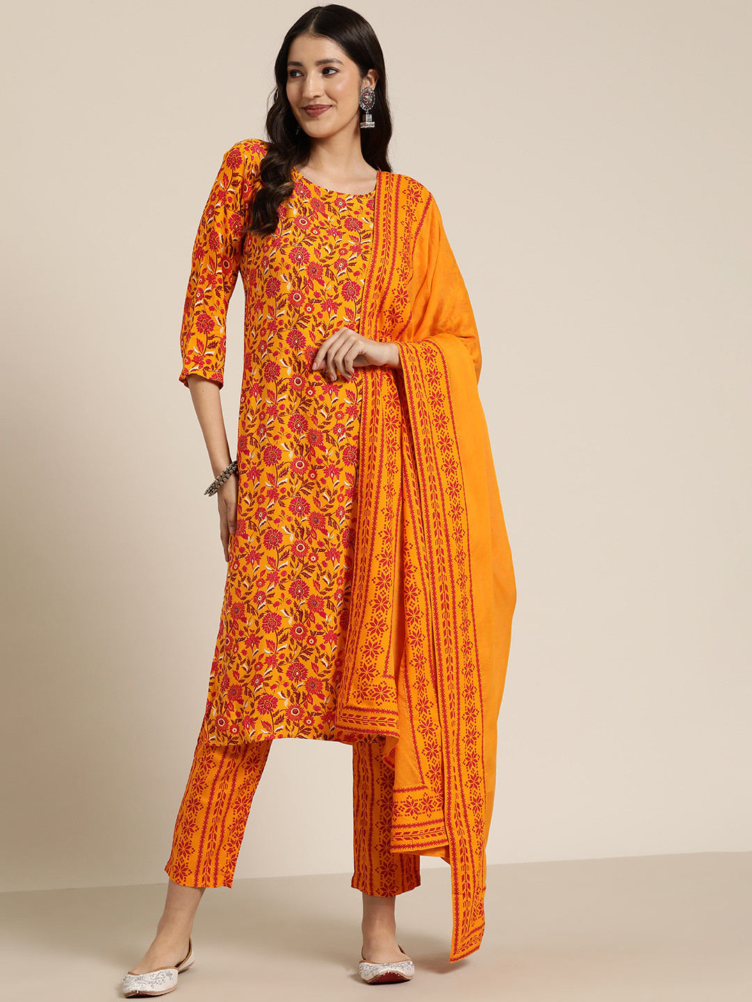 

HERE&NOW Ethnic Motifs Printed Kurta with Trousers & Dupatta, Yellow
