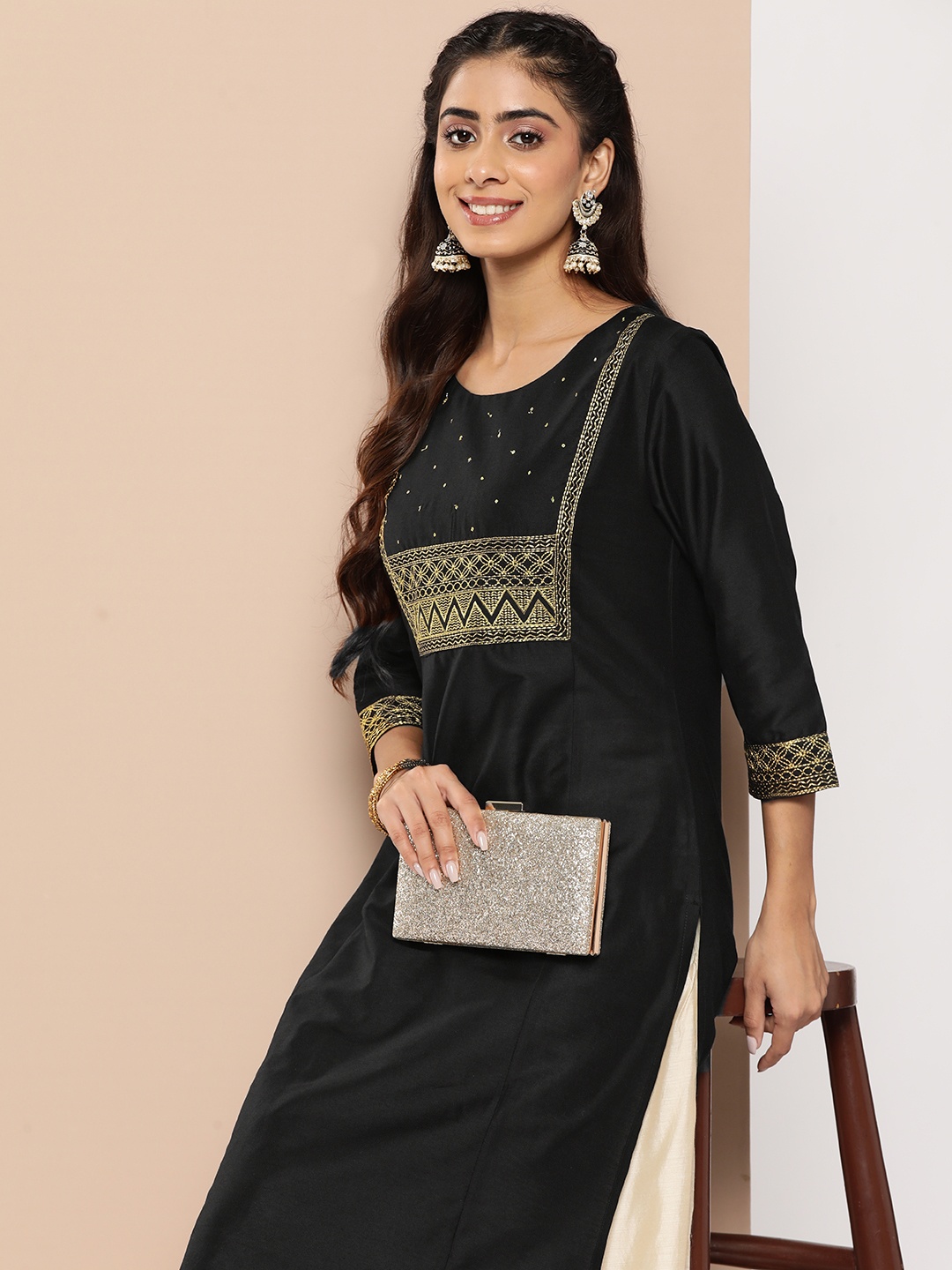 

HERE&NOW Zari Woven Design Kurta, Black
