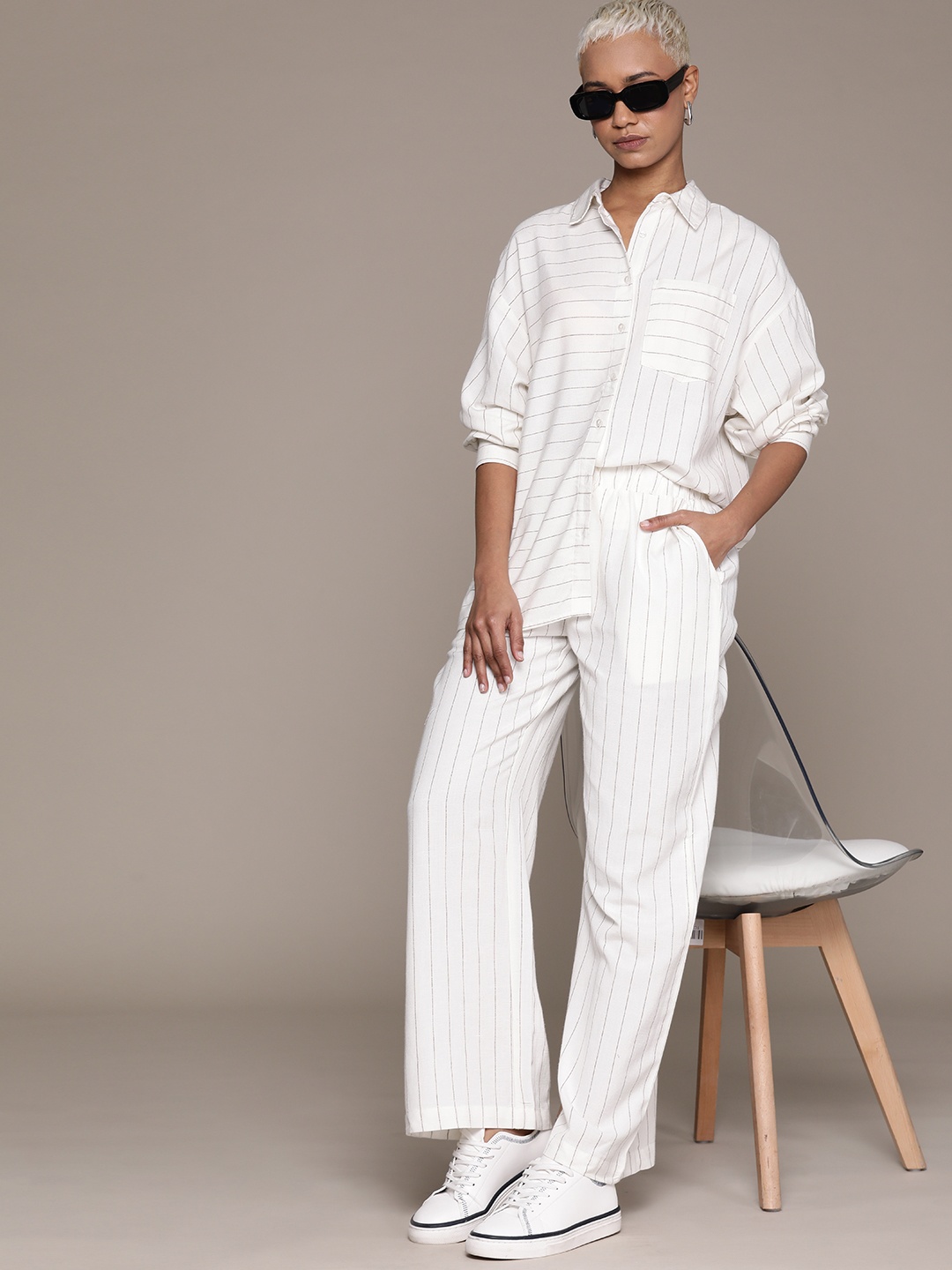 

The Roadster Lifestyle Co. Women Striped Pure Cotton Co-Ords, Off white