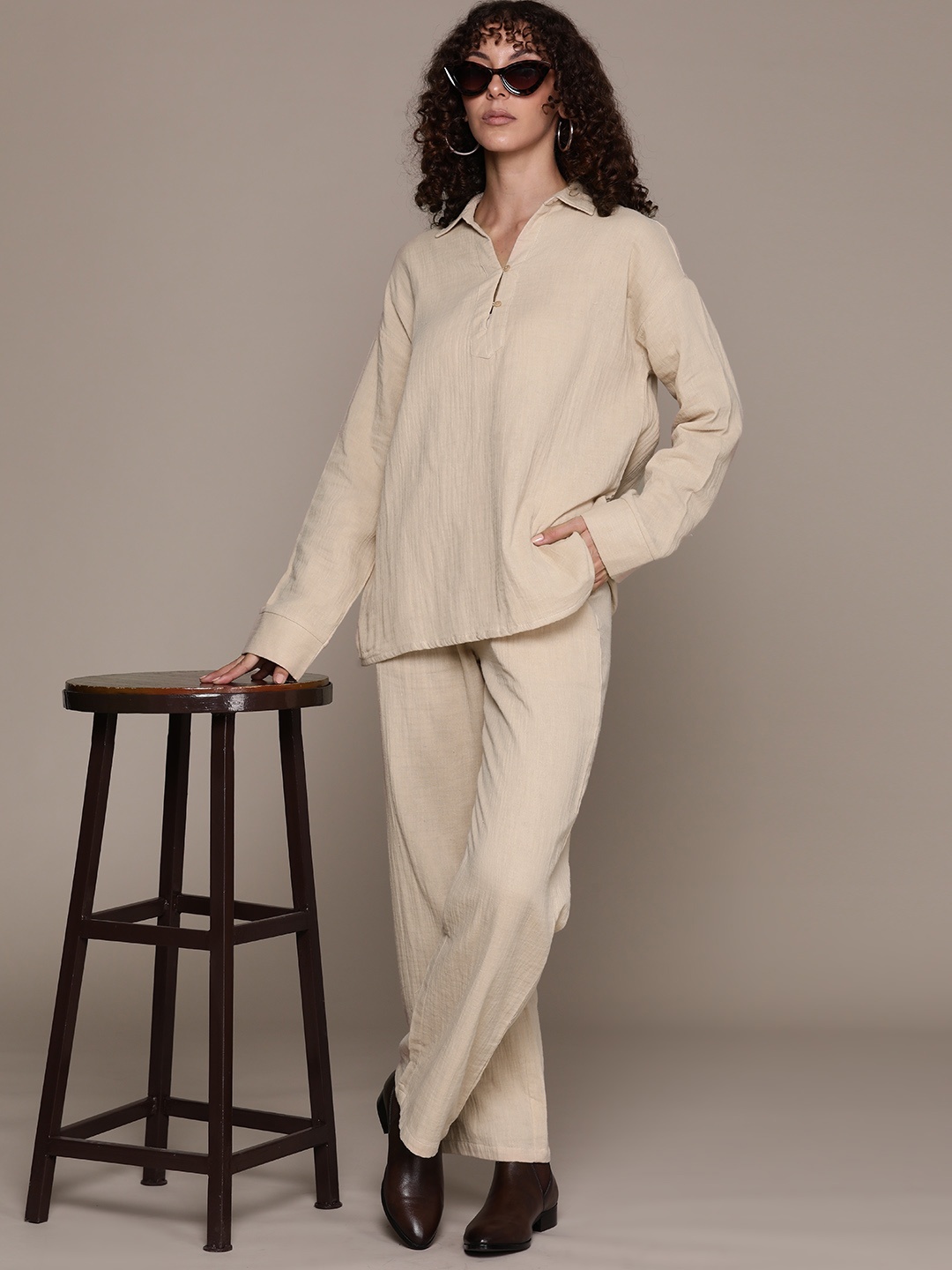 

The Roadster Lifestyle Co. Solid Pure Cotton Co-Ords, Beige