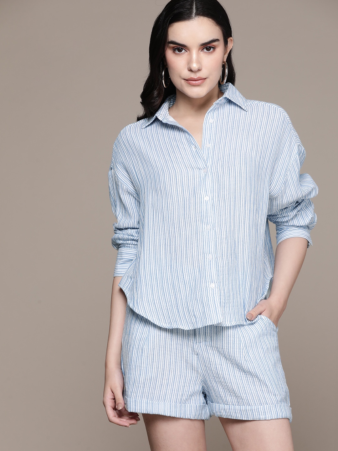 

The Roadster Lifestyle Co. Striped Pure Cotton Crinkled Relaxed Fit Co-Ords, Blue