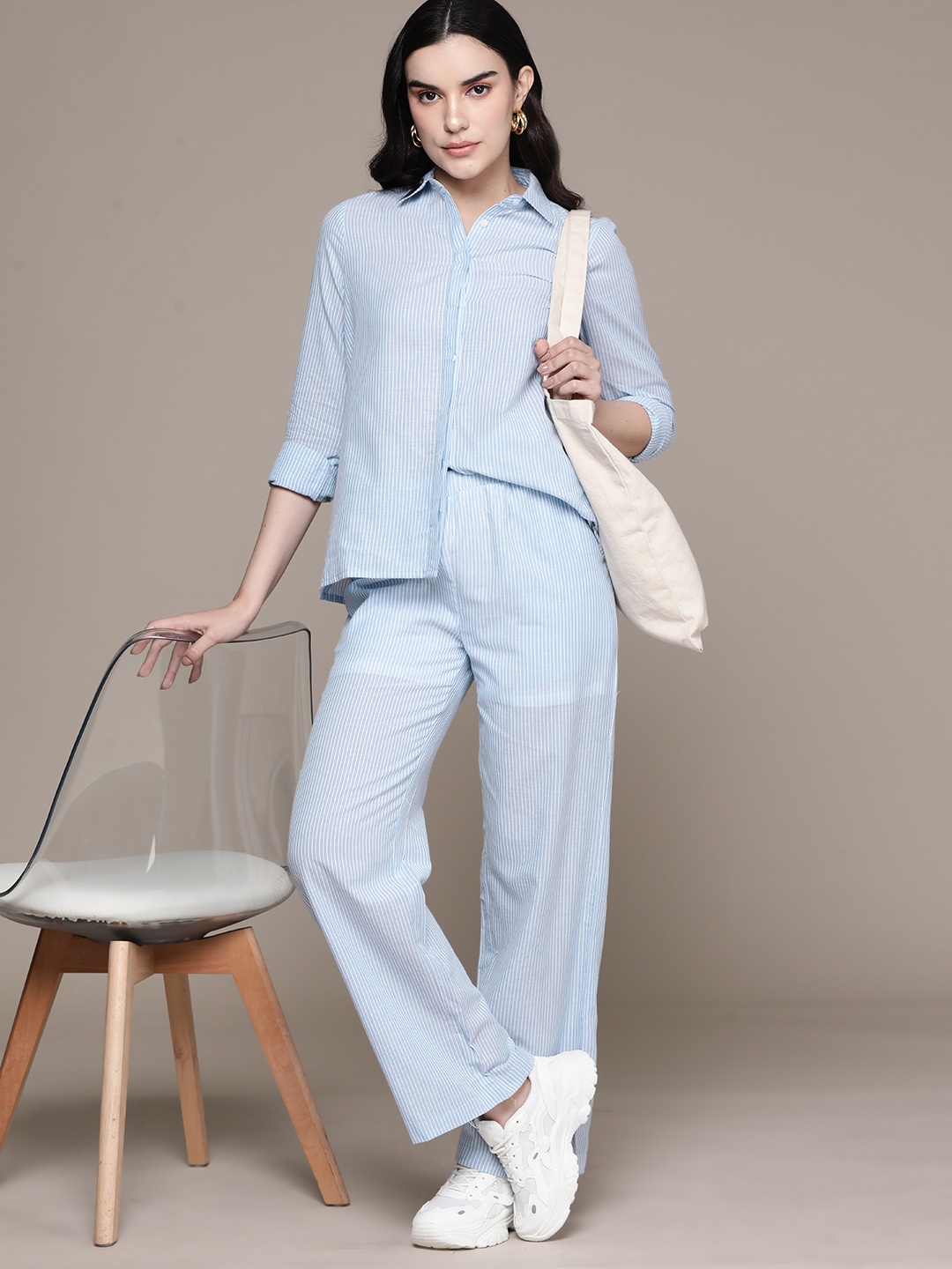 

The Roadster Lifestyle Co. Striped Pure Cotton Co-ords, Blue