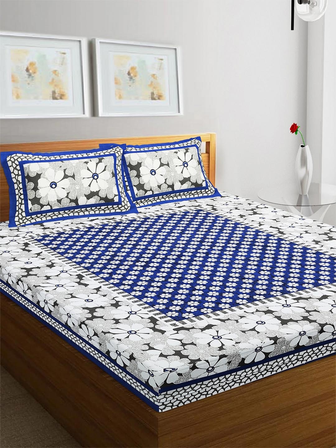 

Rajasthanikart Blue & White Floral Cotton 110 TC Queen Bedsheet & 2 Pillow Covers