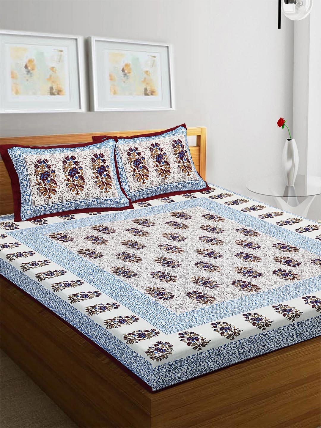 

Rajasthanikart White & Brown Cotton 110 TC Queen Bedsheet with 2 Pillow Covers