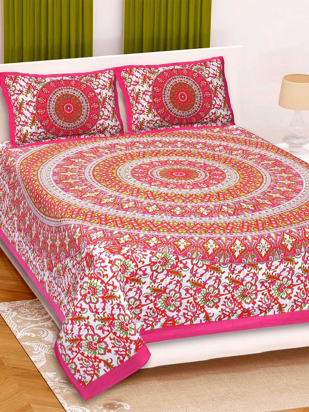 

Rajasthanikart Pink & White Floral Cotton 110 TC Queen Bedsheet With 2 Pillow Covers