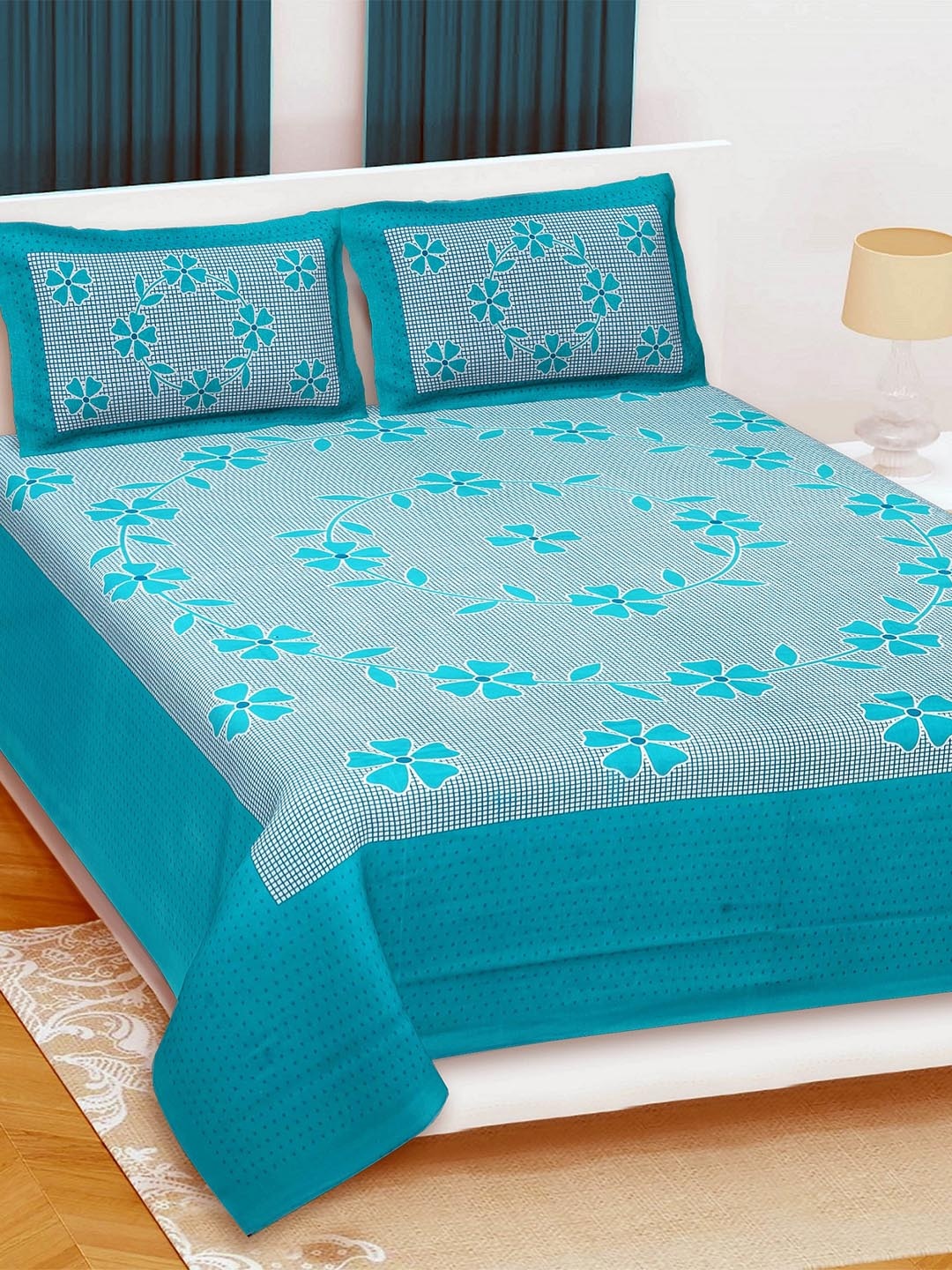

Rajasthanikart Green & White Floral Cotton 110 TC Queen Bedsheet With 2 Pillow Covers