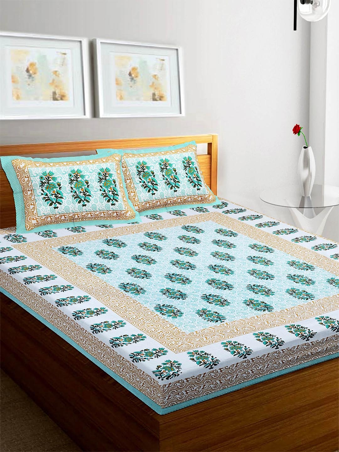 

Rajasthanikart Green & White Floral Cotton110 TC Queen Bedsheet & 2 Pillow Covers