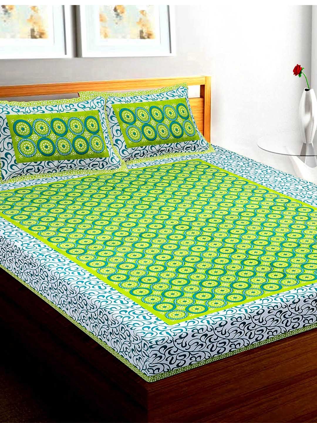 Rajasthanikart Green & White Floral Cotton 110 TC Queen Bedsheet With 2 Pillow Covers