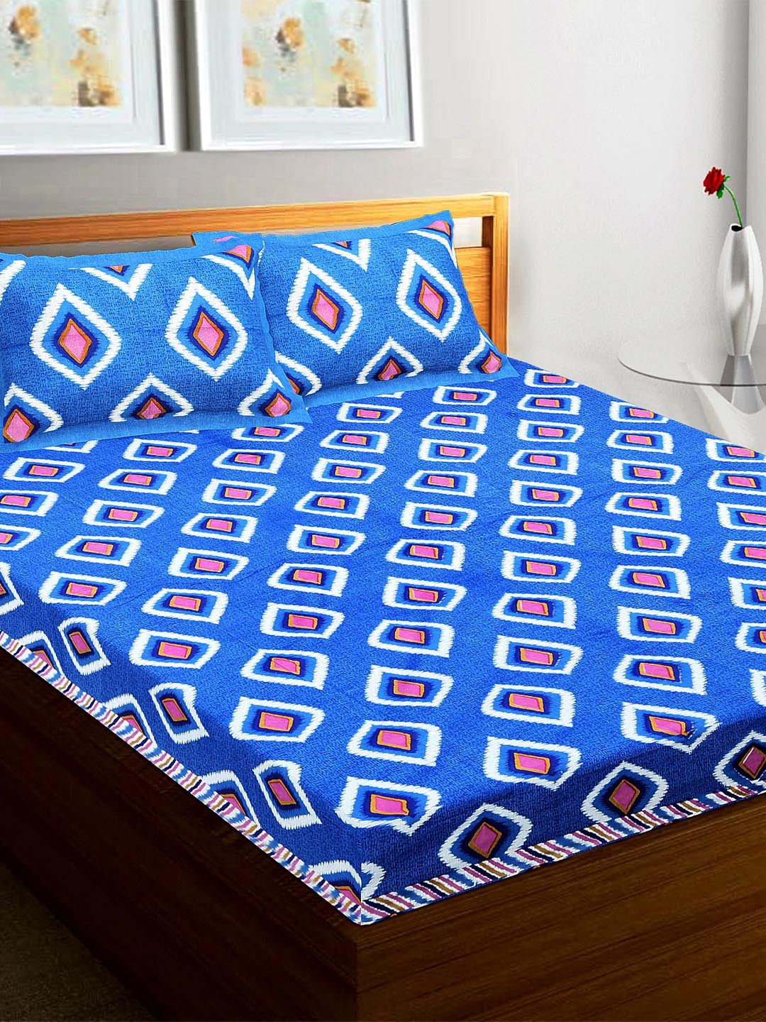 

Rajasthanikart Blue & White Ethnic Motifs Cotton 110 TC Queen Bedsheet & 2 Pillow Covers