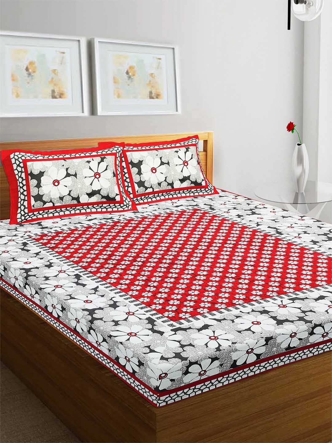 

Rajasthanikart Red & White Floral Cotton 110 TC Queen Bedsheet with 2 Pillow Covers