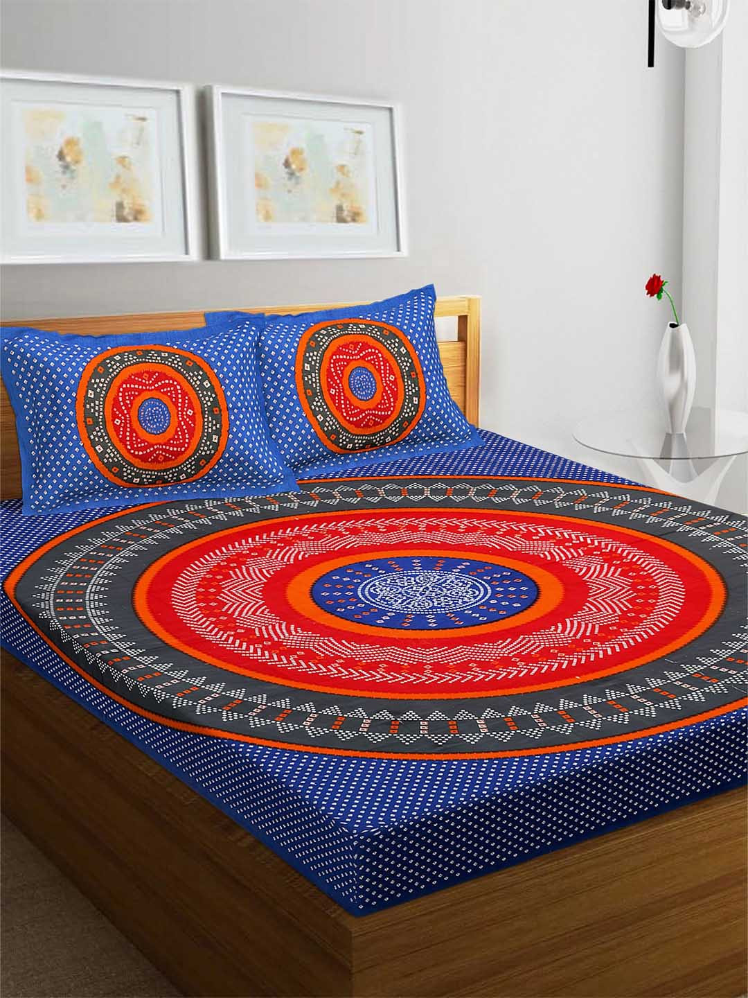 

Rajasthanikart Blue & Red Ethnic Motifs Cotton 110 TC Queen Bedsheet With 2 Pillow Covers