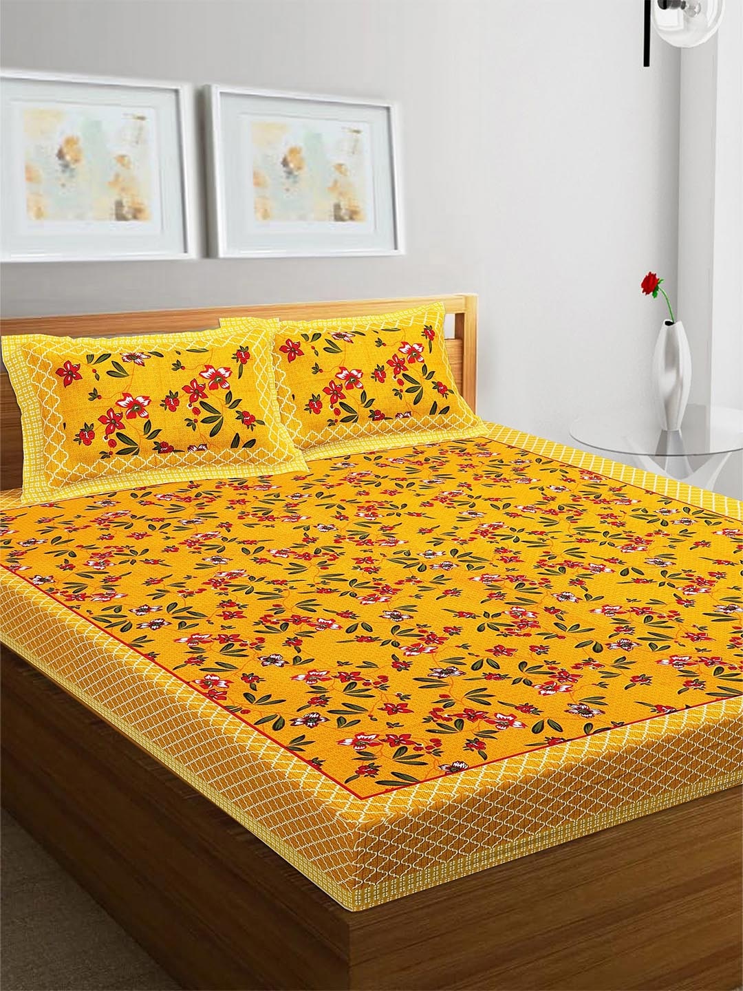 

Rajasthanikart Yellow & Red Floral Cotton 110 TC Queen Bedsheet & 2 Pillow Covers