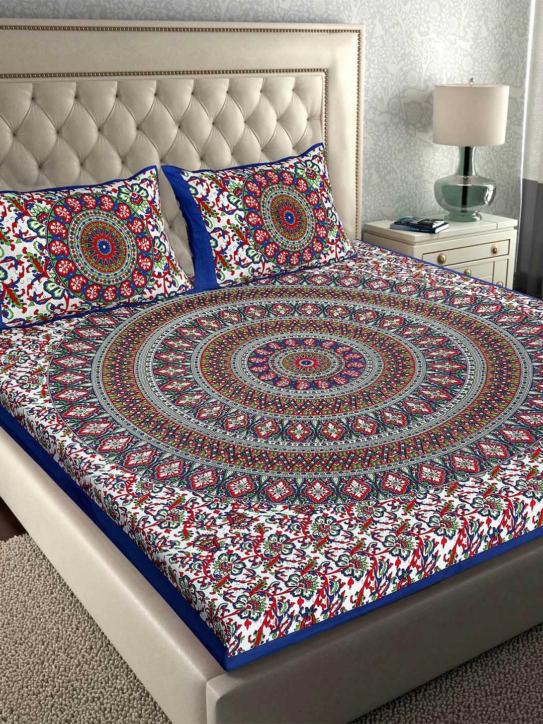 

Rajasthanikart Blue & White Floral Cotton 110 TC Queen Bedsheet With 2 Pillow Covers