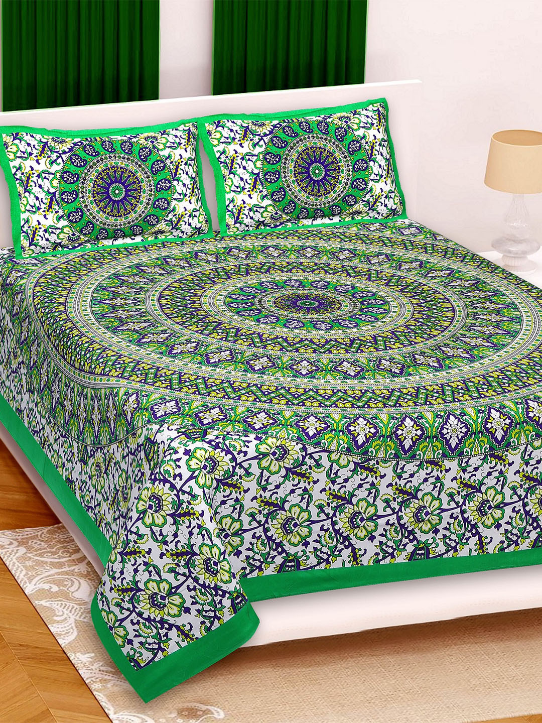 

Rajasthanikart Green & Yellow Cotton 110 TC Queen Bedsheet with 2 Pillow Covers