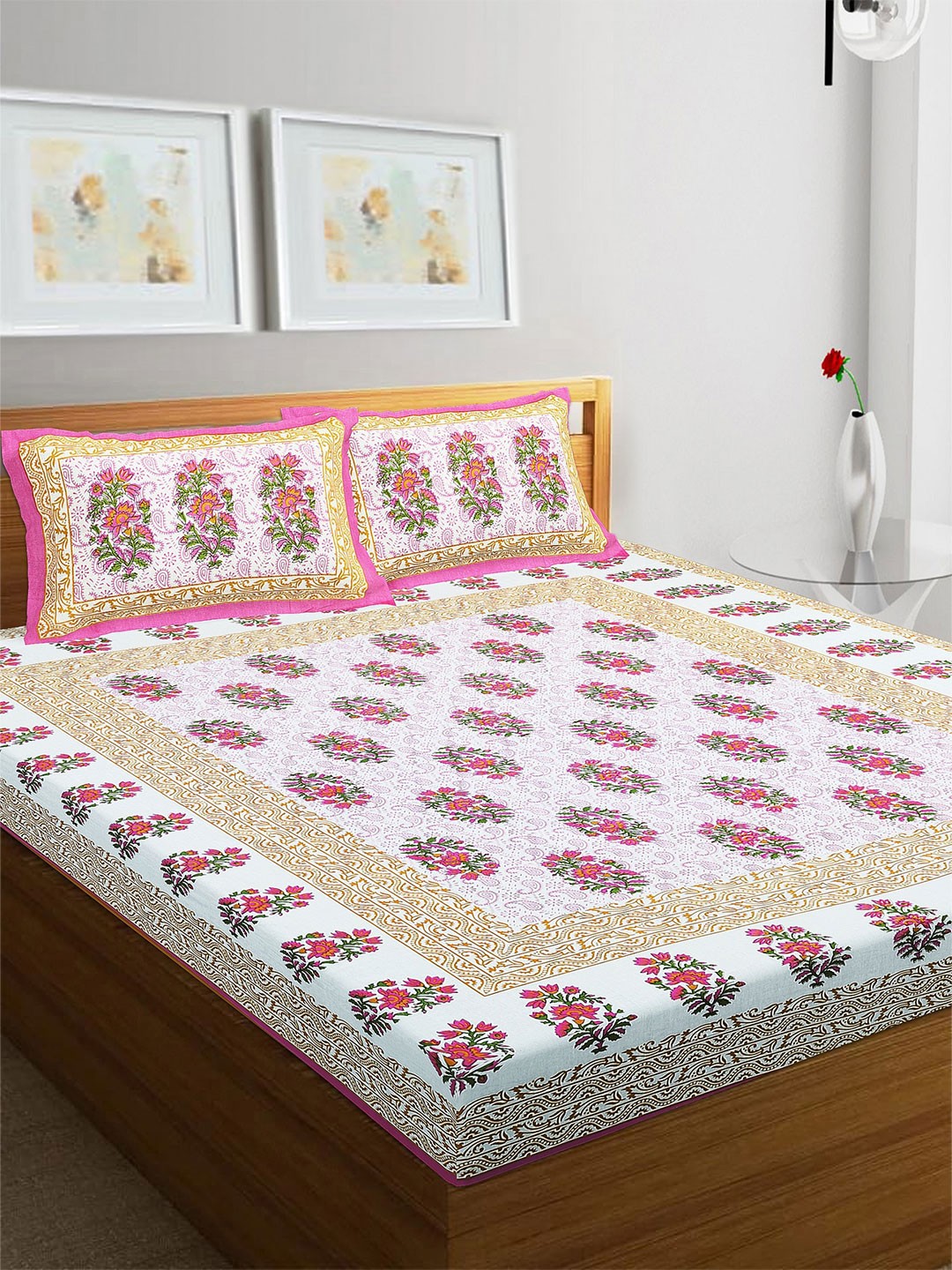 

Rajasthanikart Pink & White Ethnic Cotton 110 TC Queen Bedsheet with 2 Pillow Covers