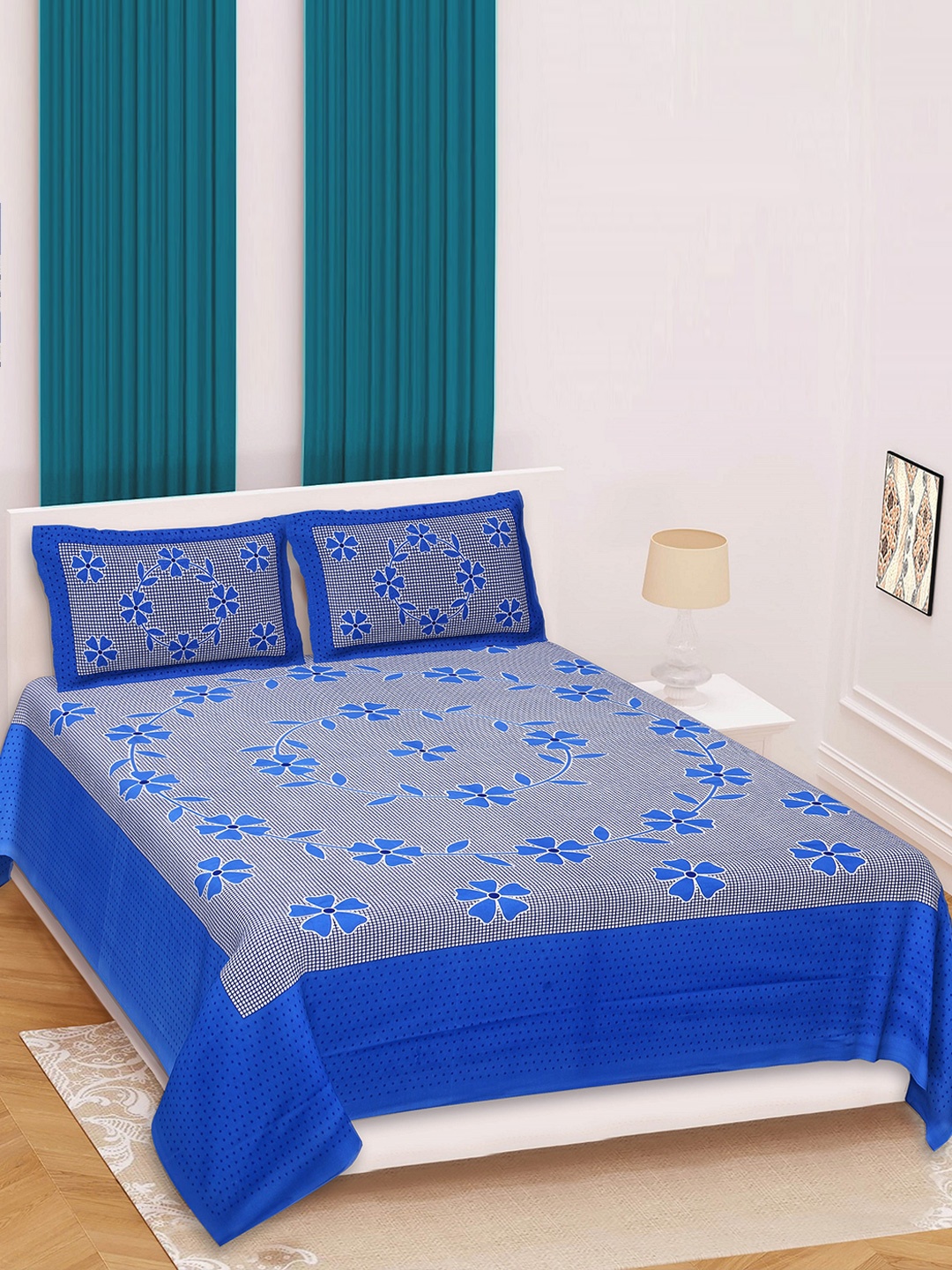 

Rajasthanikart Blue & White Floral Cotton 110 TC Queen Bedsheet with 2 Pillow Covers