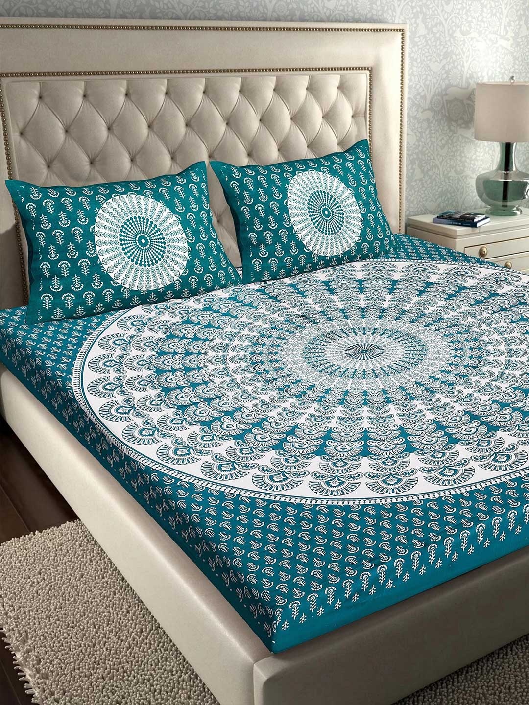 

Rajasthanikart Green & White Ethnic Cotton 110 TC Queen Bedsheet with 2 Pillow Covers