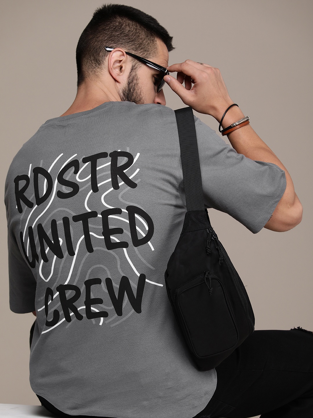 

The Roadster Life Co. Typography Printed Drop-Shoulder Pure Cotton T-shirt, Grey