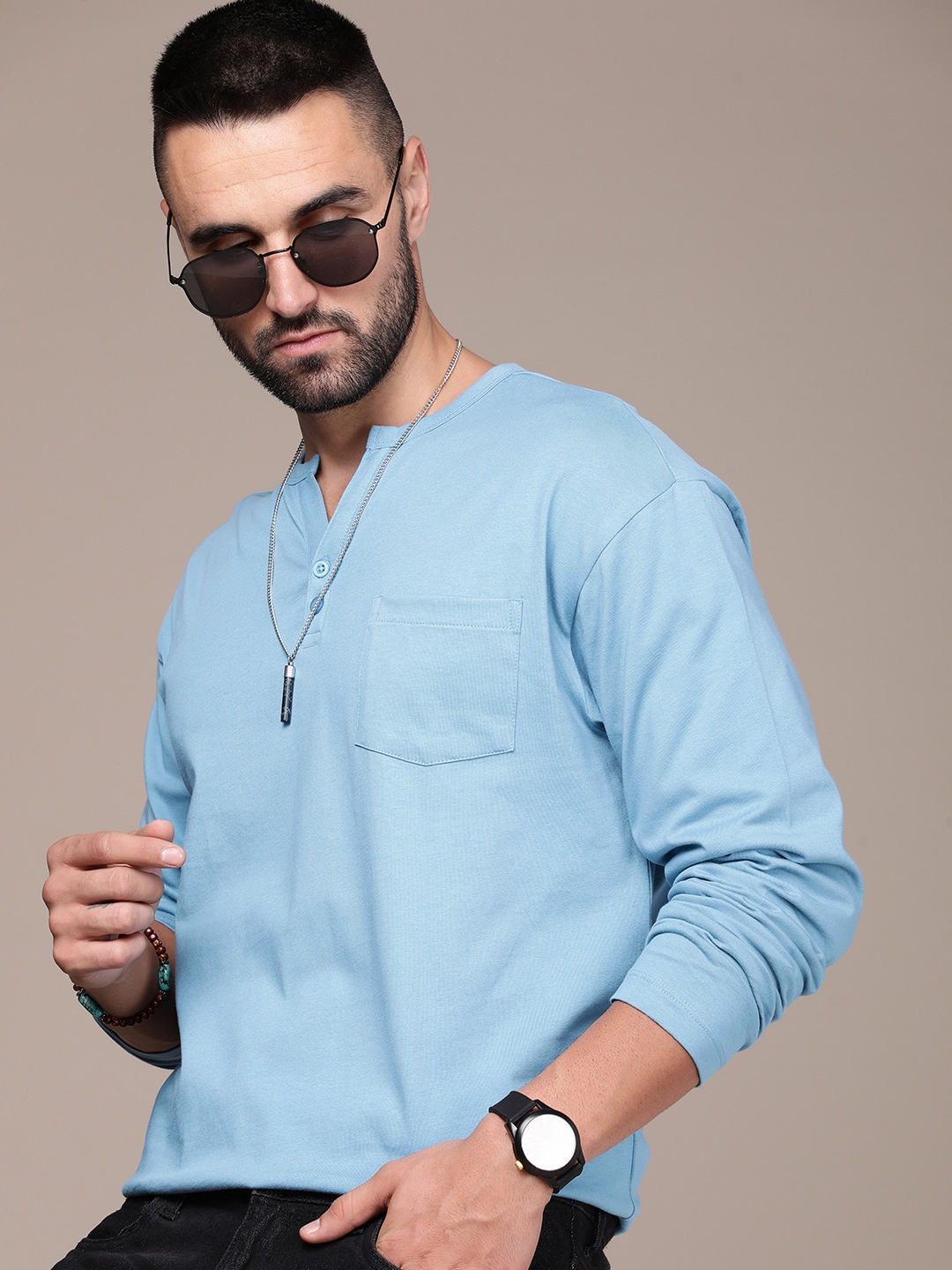 

The Roadster Lifestyle Co. Men Henley Neck Pure Cotton T-shirt, Blue