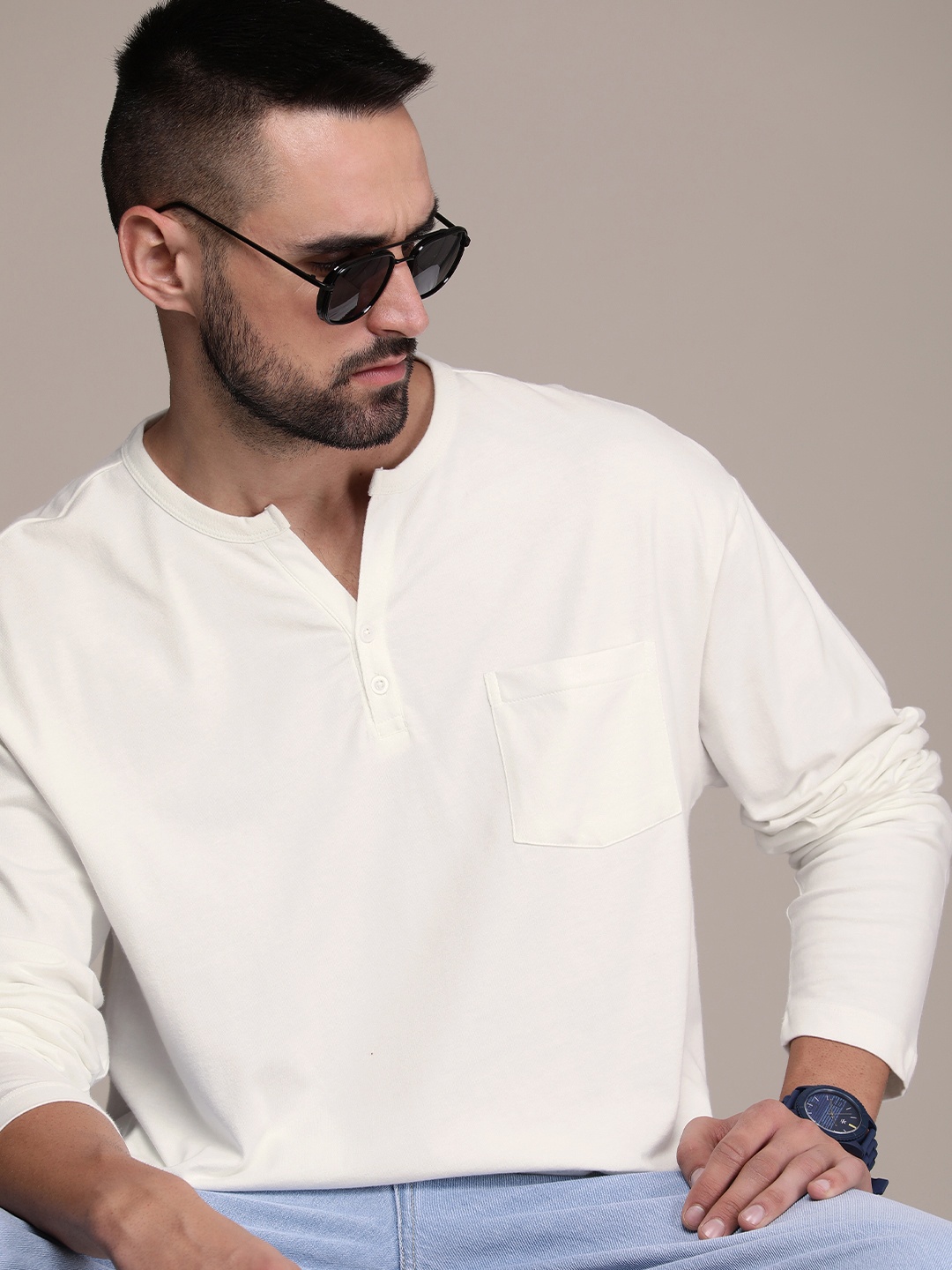 

The Roadster Life Co. Henley Neck Drop-Shoulder Sleeves Pure Cotton With Pocket T-shirt, White