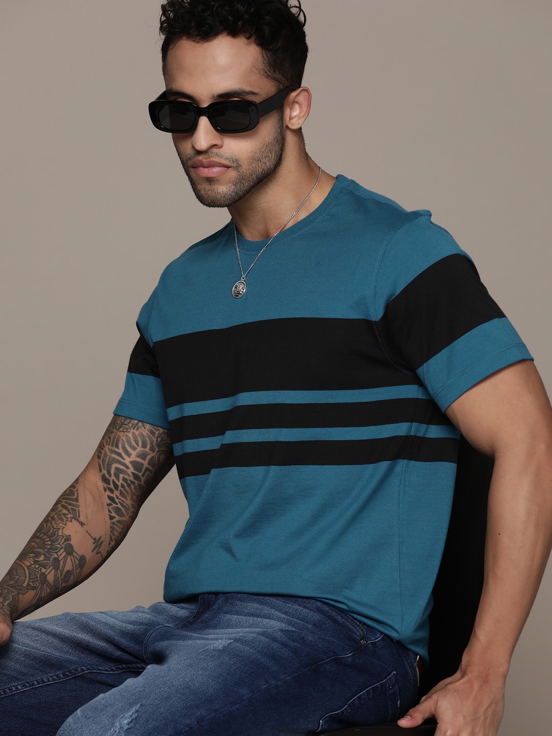 

The Roadster Lifestyle Co. Striped Pure Cotton T-shirt, Blue