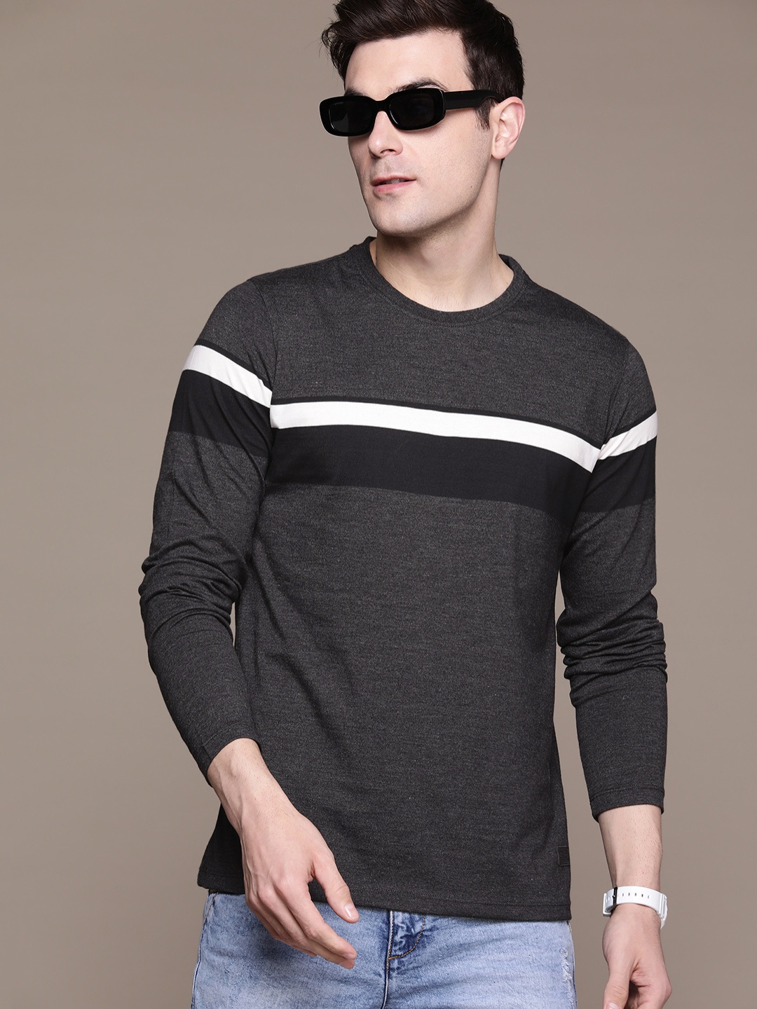 

The Roadster Lifestyle Co. Round Neck Regular Fit Striped T-shirt, Charcoal