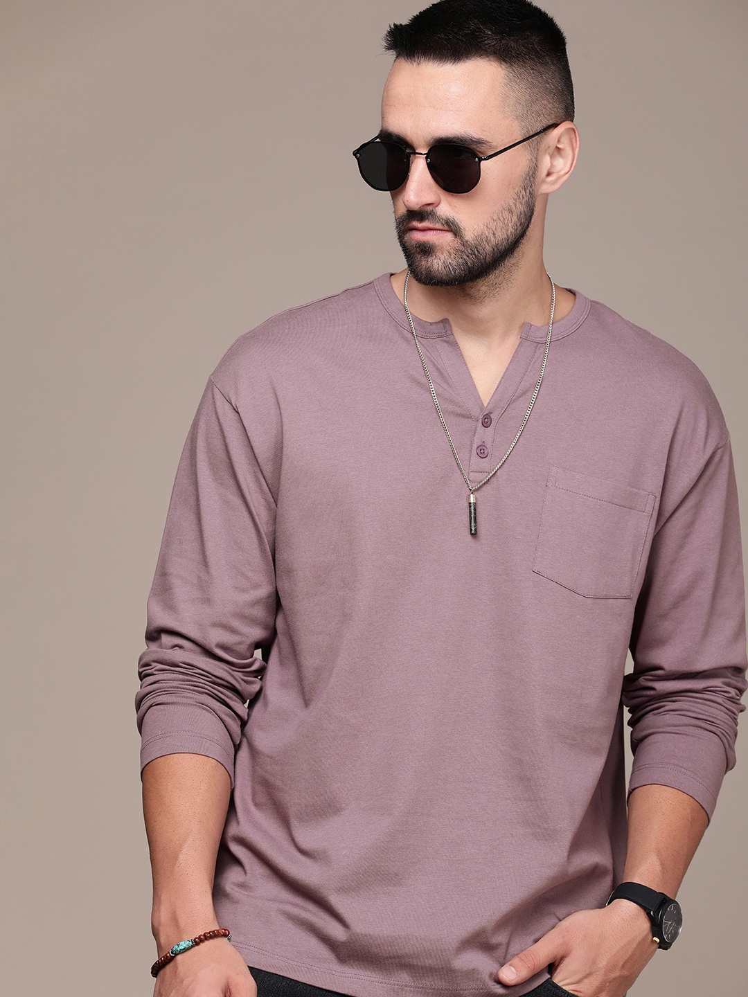 

The Roadster Lifestyle Co. Men Henley Neck Pure Cotton T-shirt, Mauve