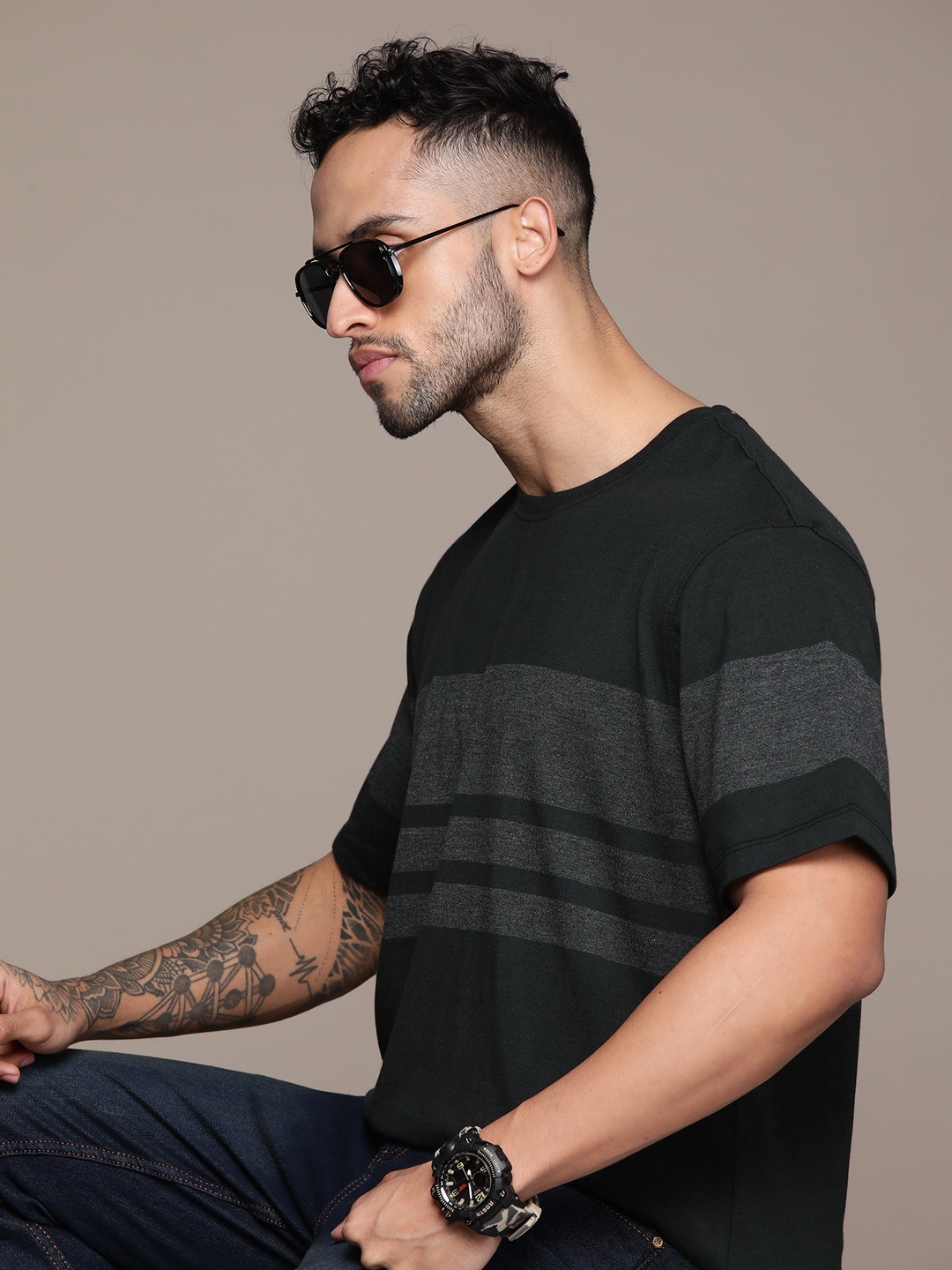 

The Roadster Lifestyle Co. Striped Polo Collar T-shirt, Black