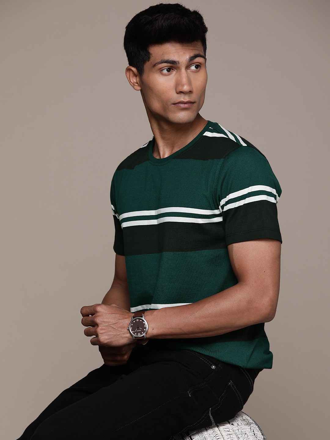 

The Roadster Lifestyle Co. Striped Short Sleeves T-shirt, Green